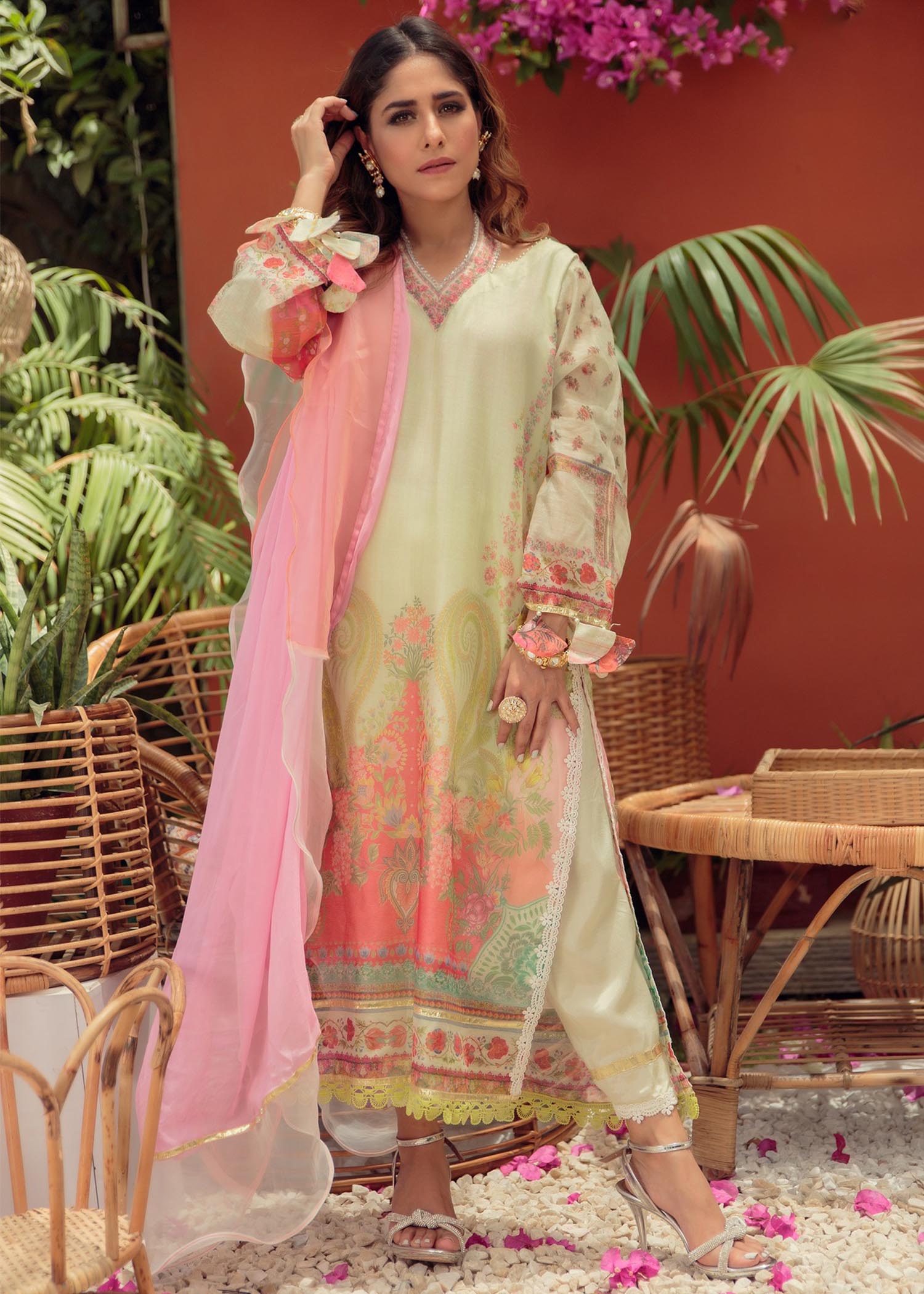 khaddi net Kurta Set in Lemon
