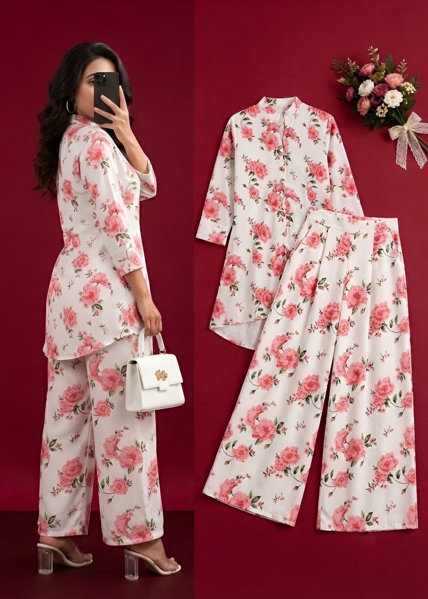 poly lawn Co Ord Sets in Blush pink, white