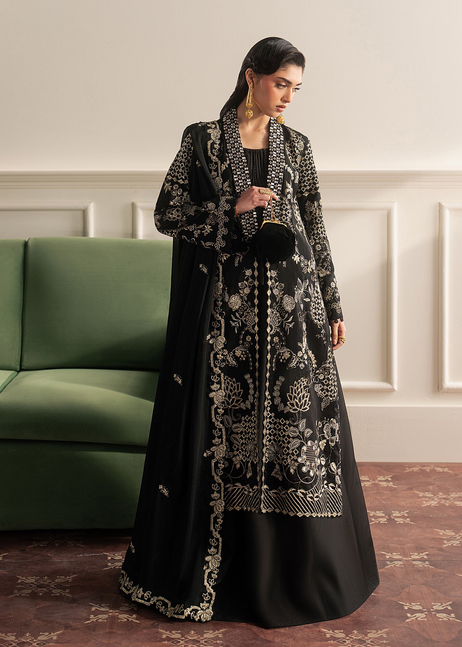 korean raw silk Sharara in Black