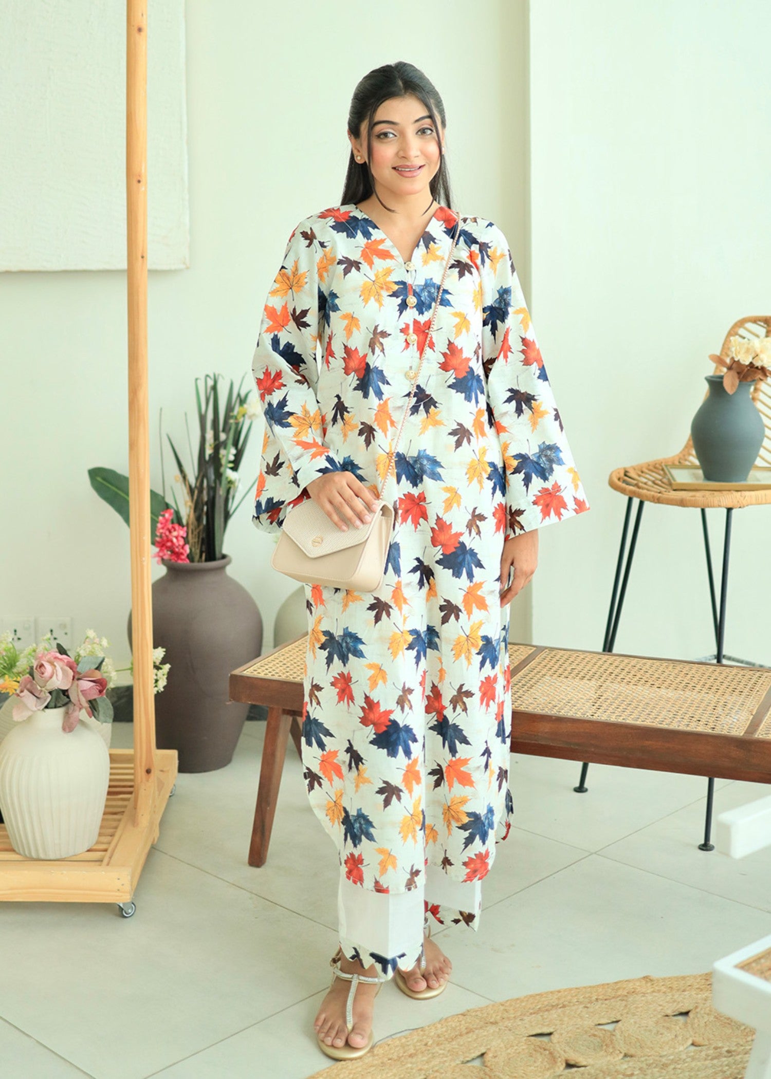 lawn Kurta Set in Beige, pumpkin orange, pale yellow