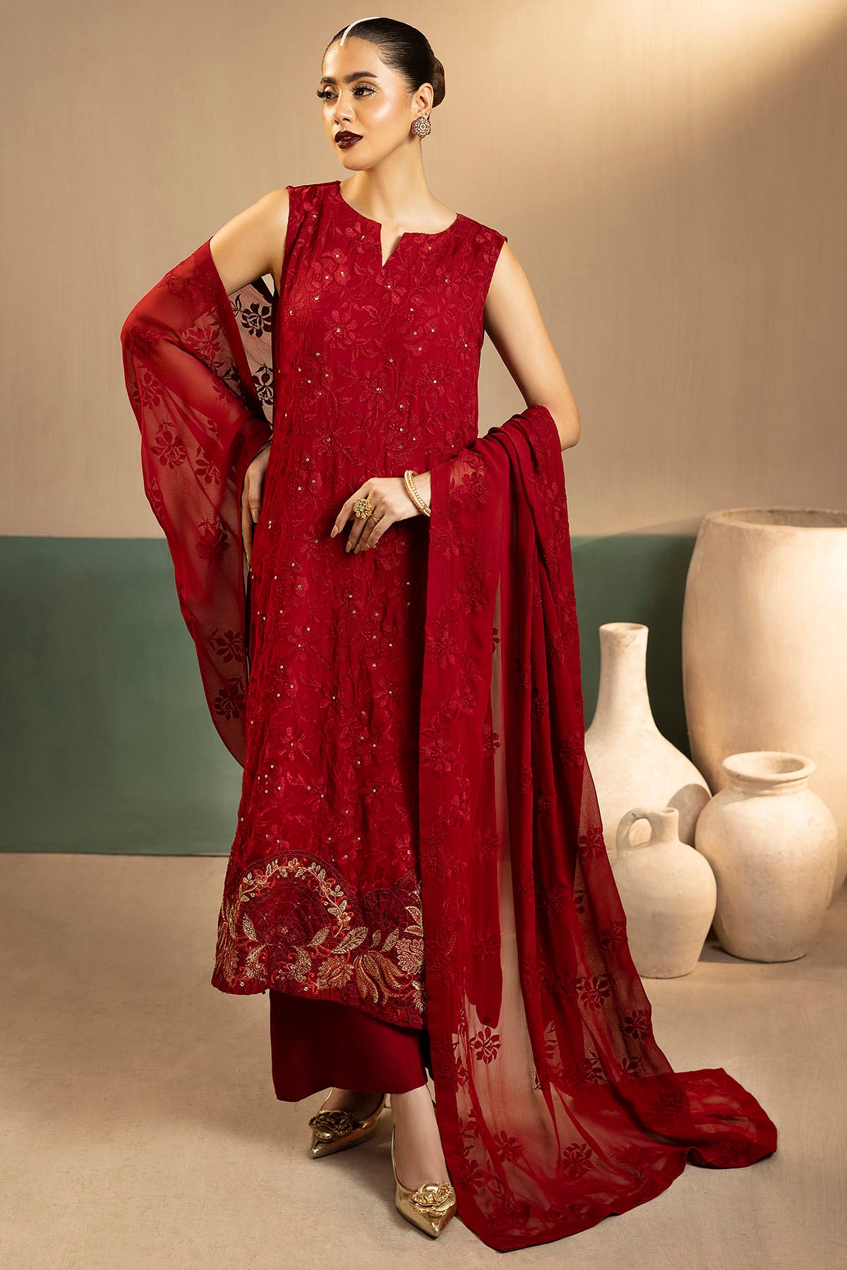 crinkle chiffon Unstitched in Red