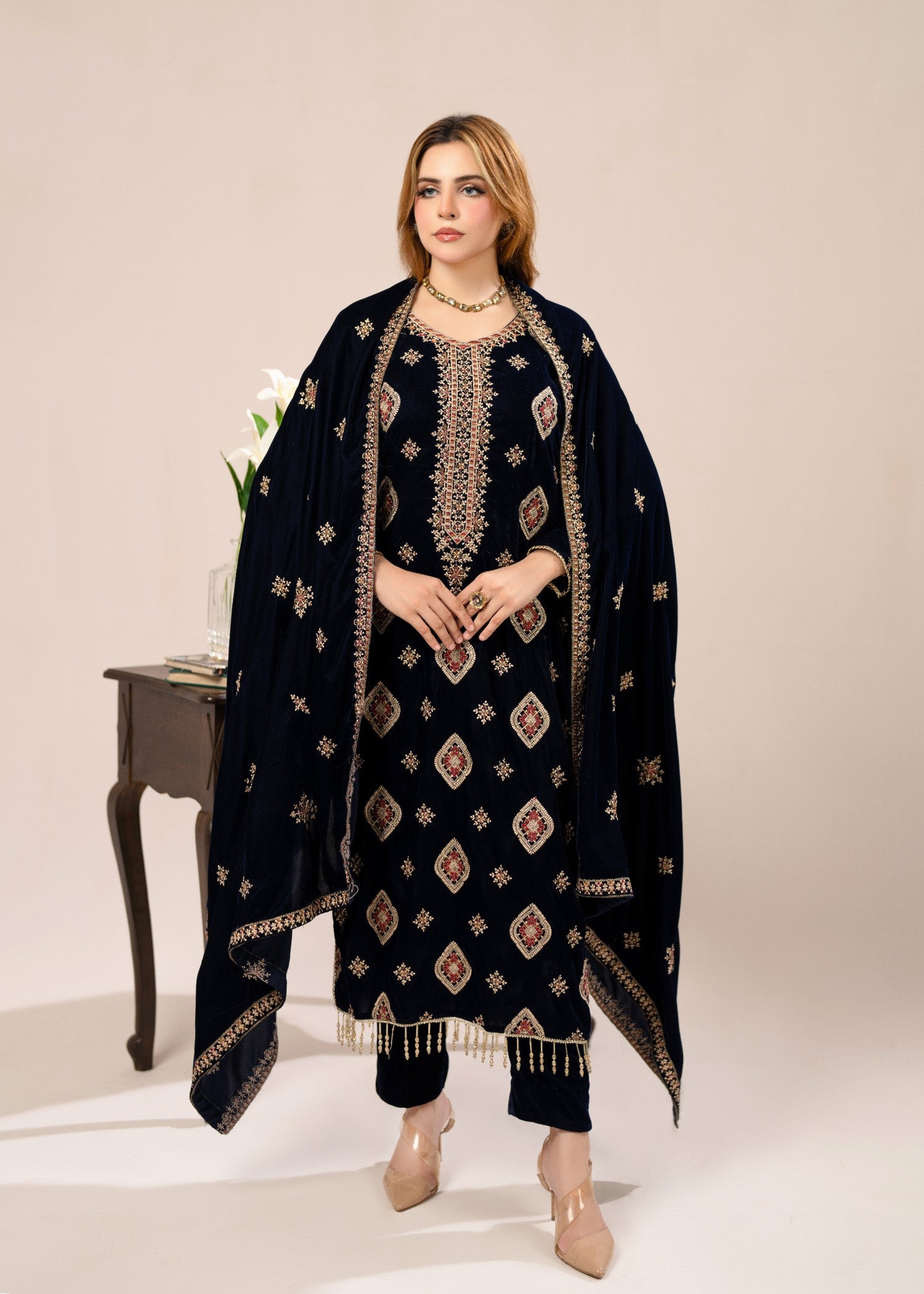 chinese micro velvet 9000 Unstitched in Navy blue