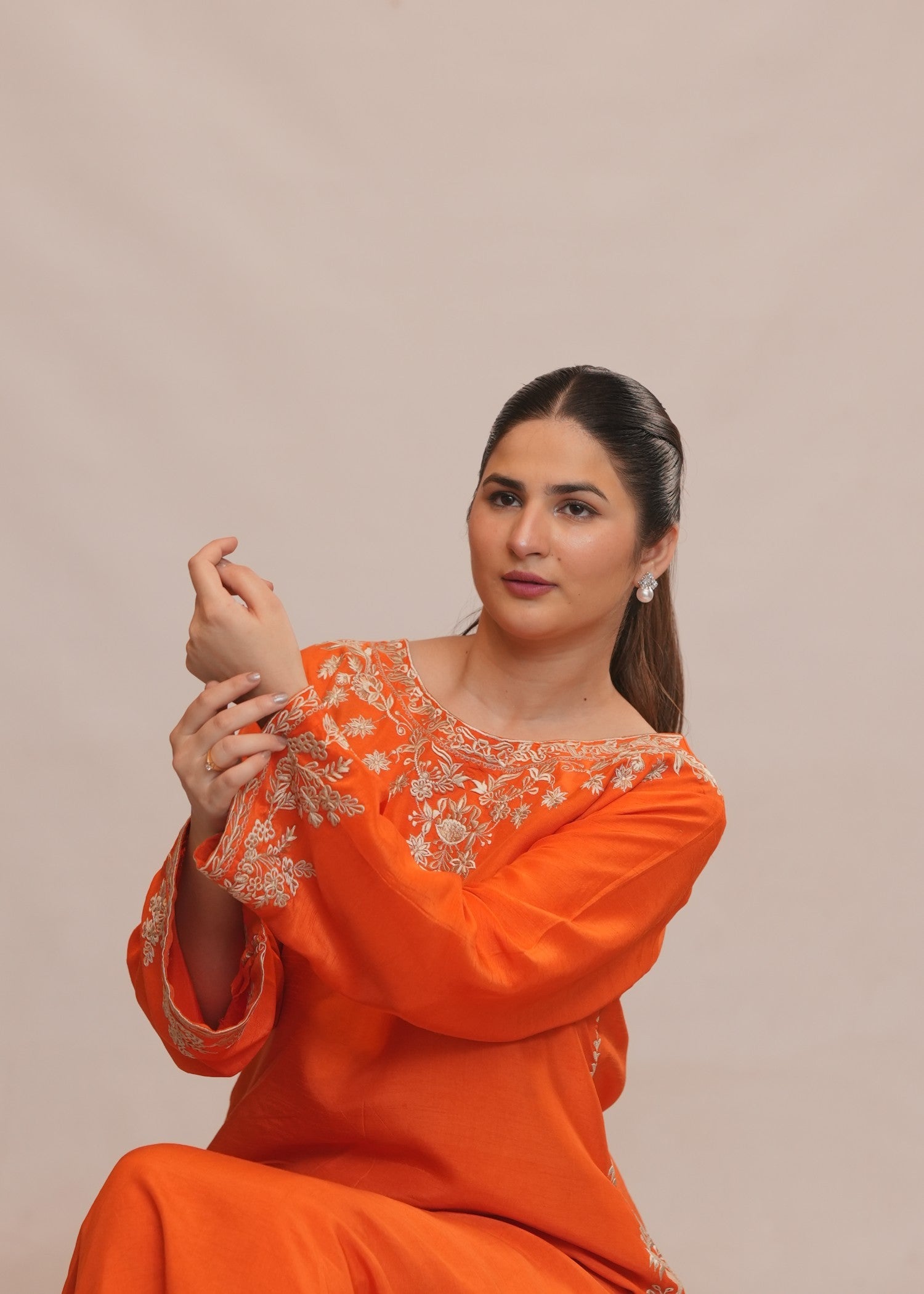 raw silk Kurta Set in Sunset orange