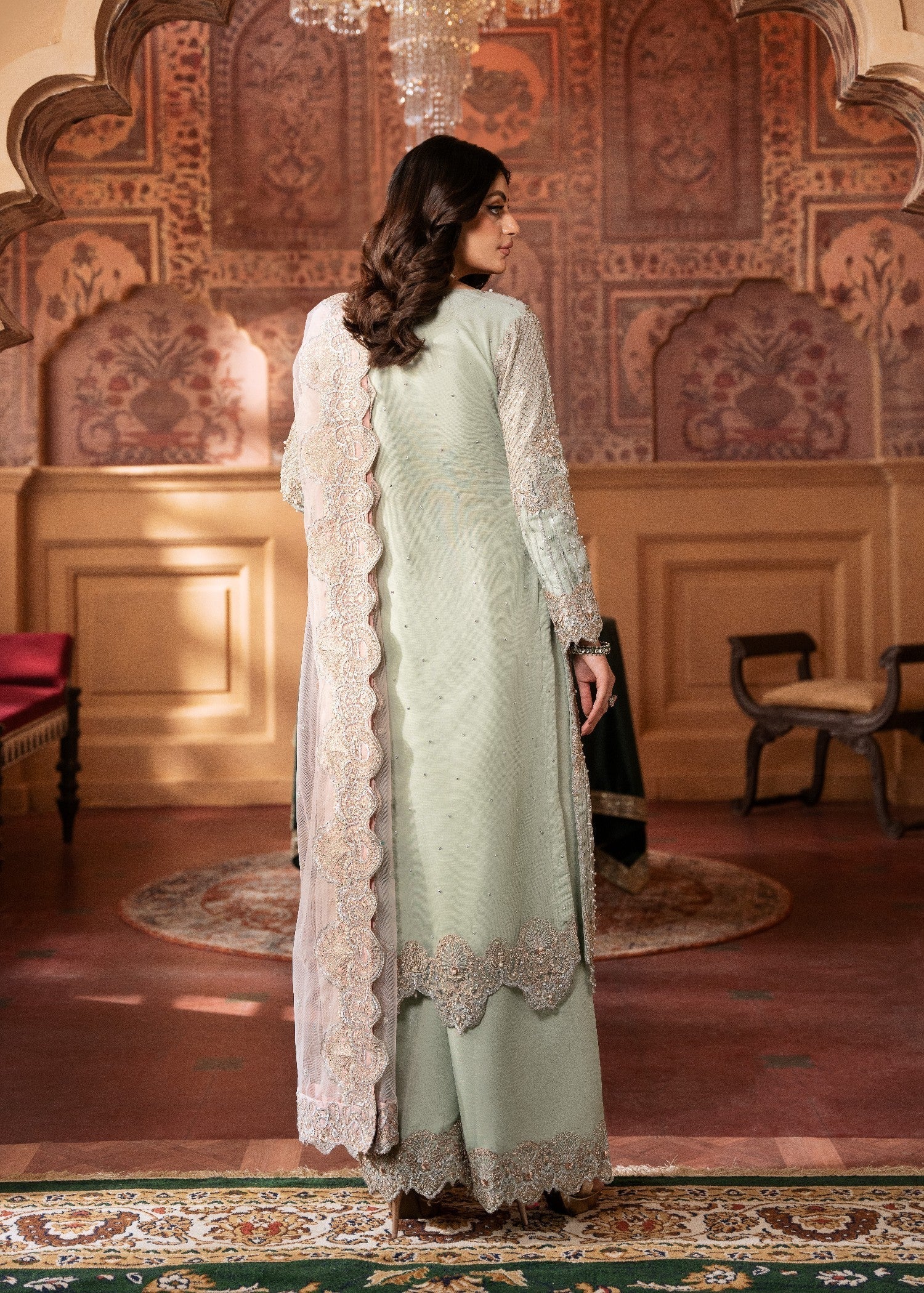 net Kurta Set in Mint green