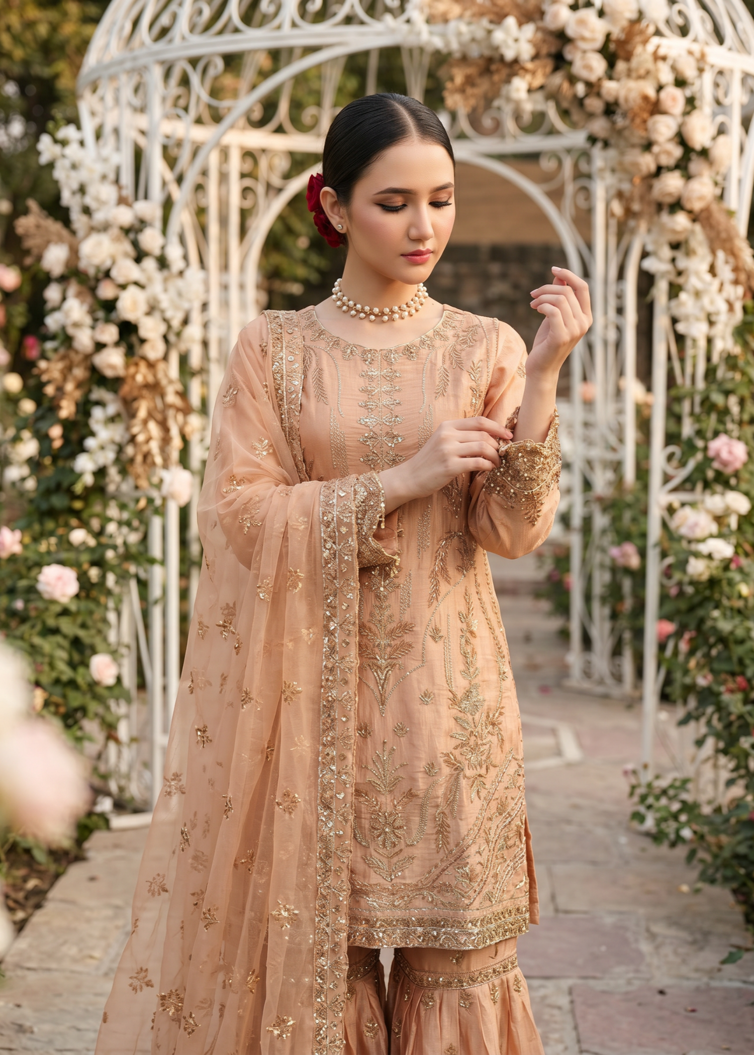pk raw silk Gharara in Peach orange