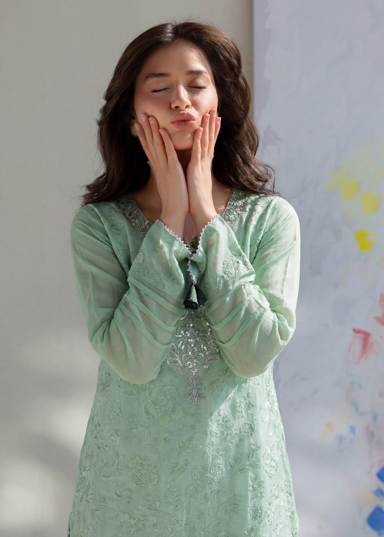 khaddi net Kurta Set in Moss green