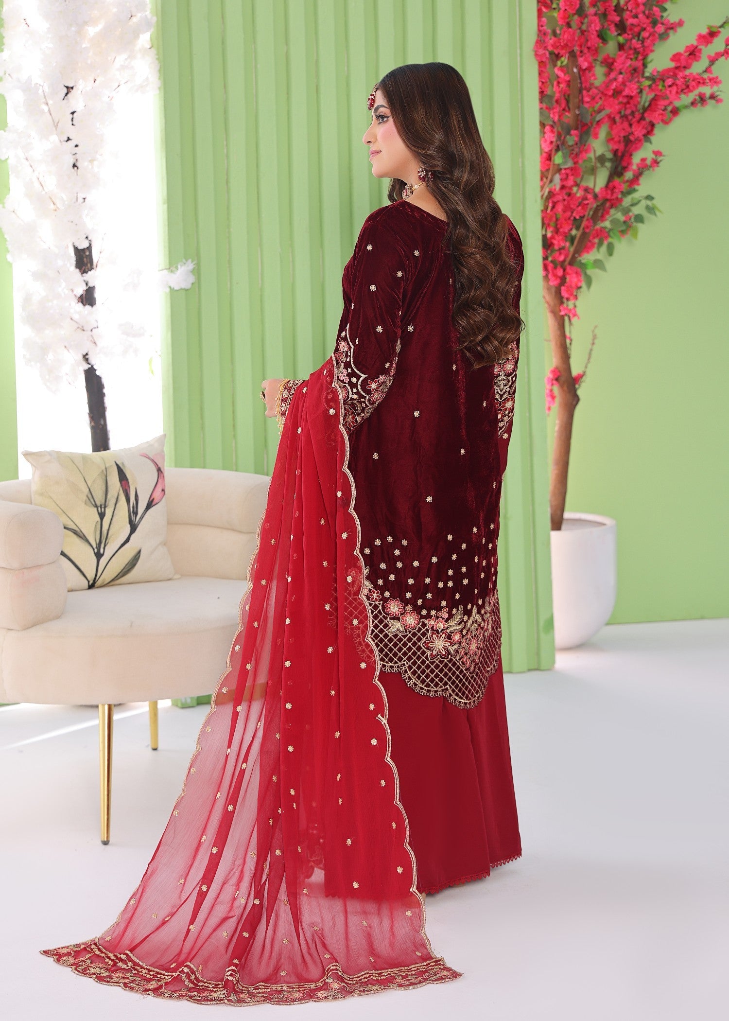 velvet Kurta Set in Maroon