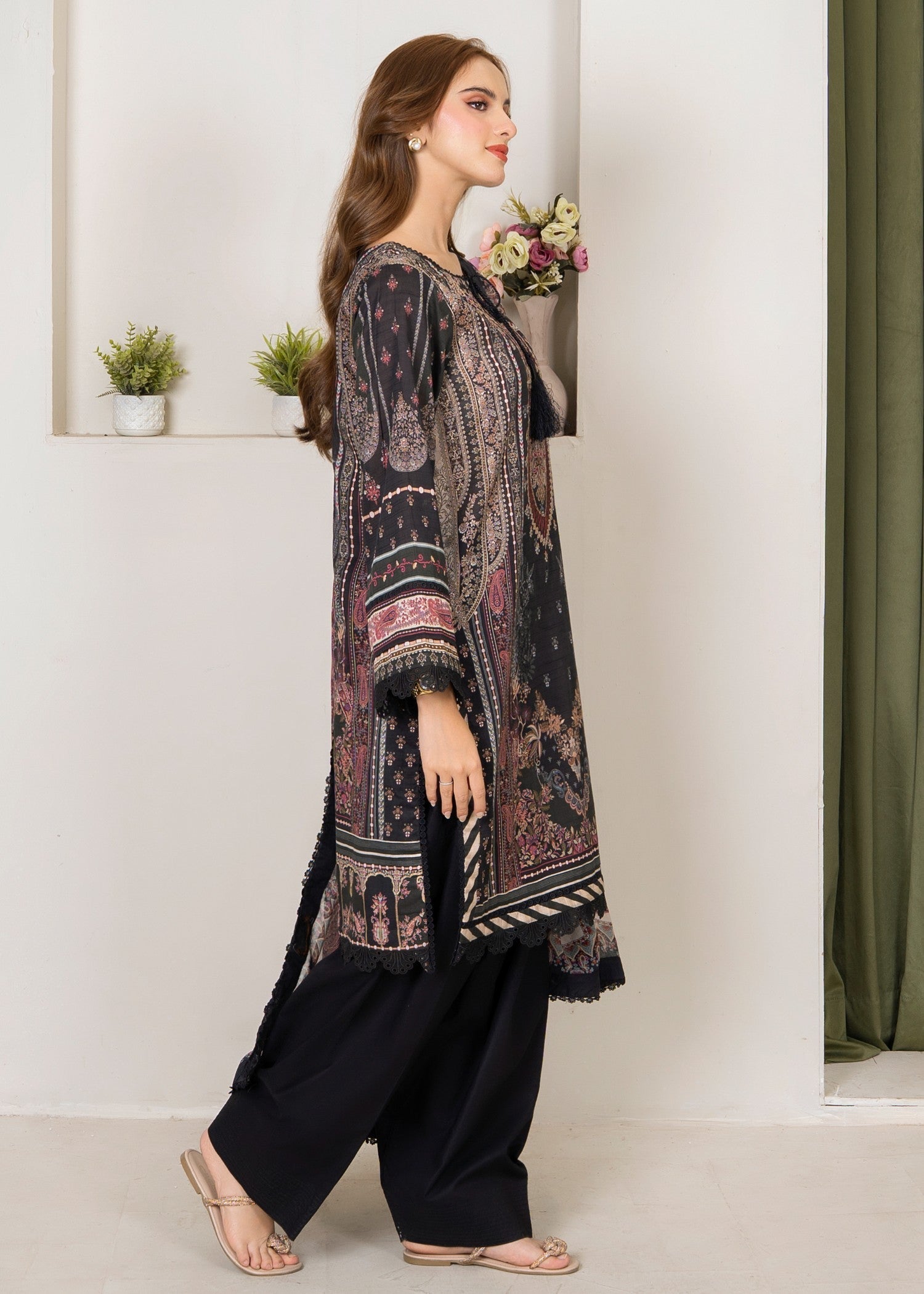 slub lawn Kurta Set in Black