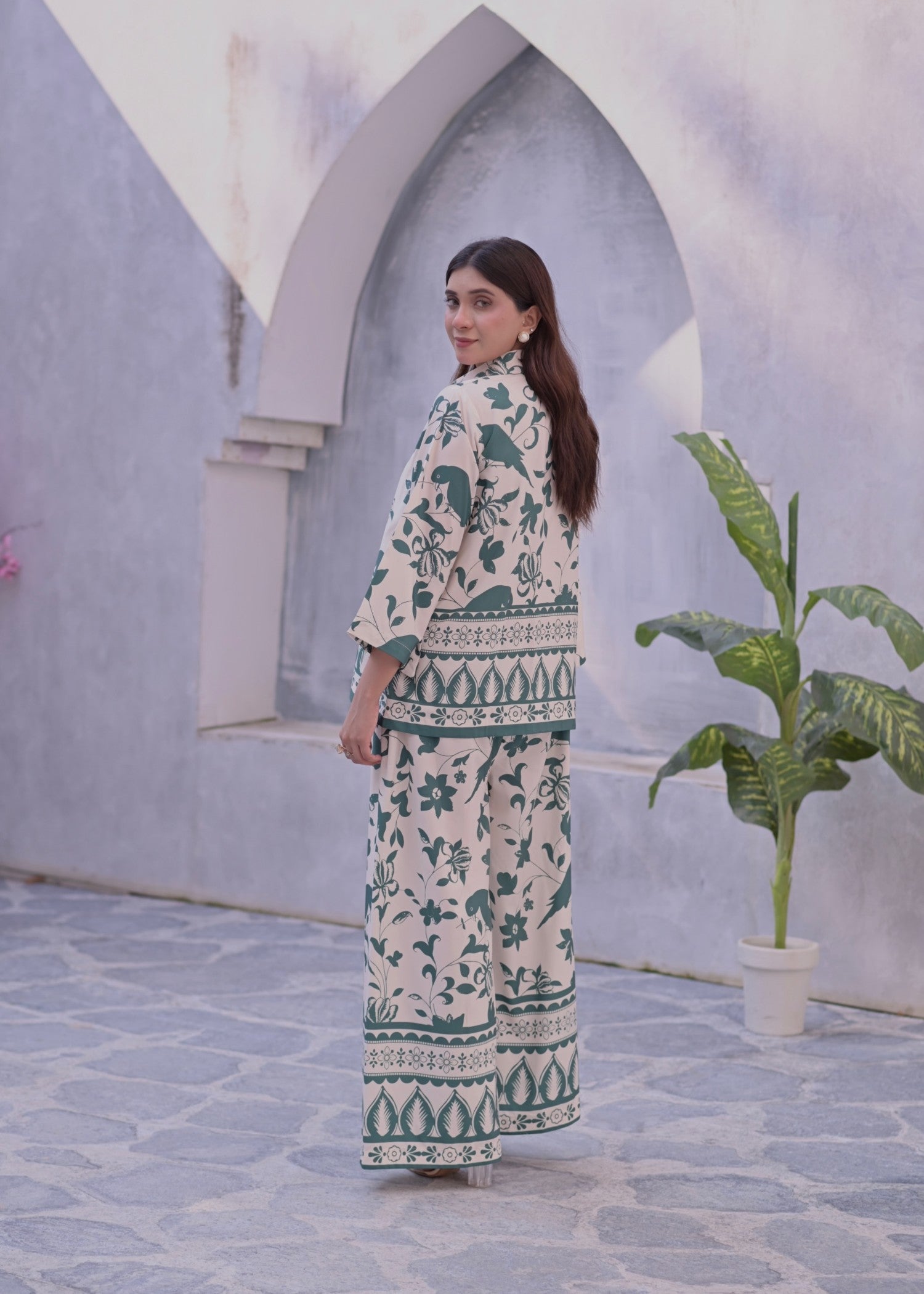 crepe Co ord Sets in Emerald green, ivory