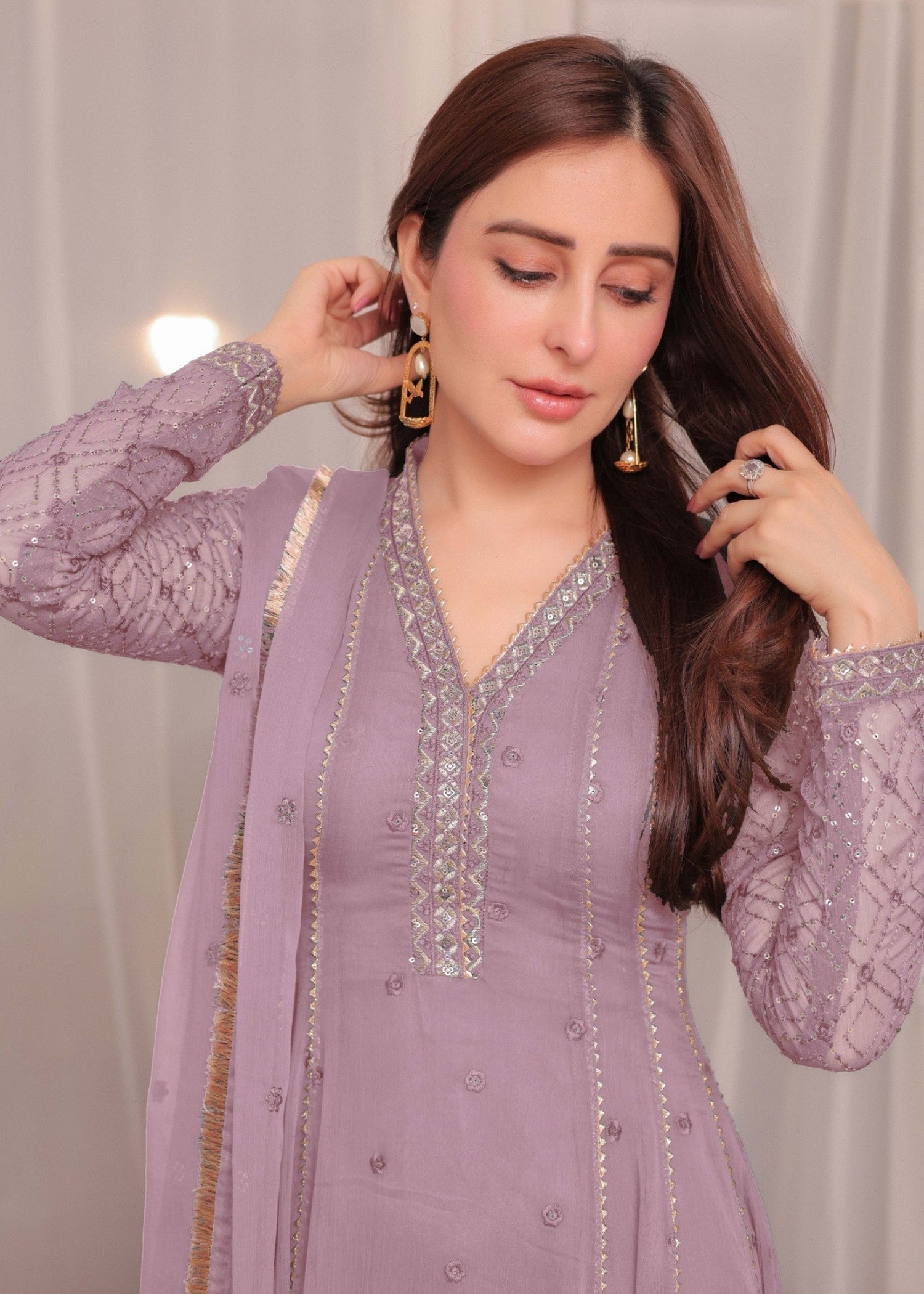 chiffon Anarkali in Mauve pink