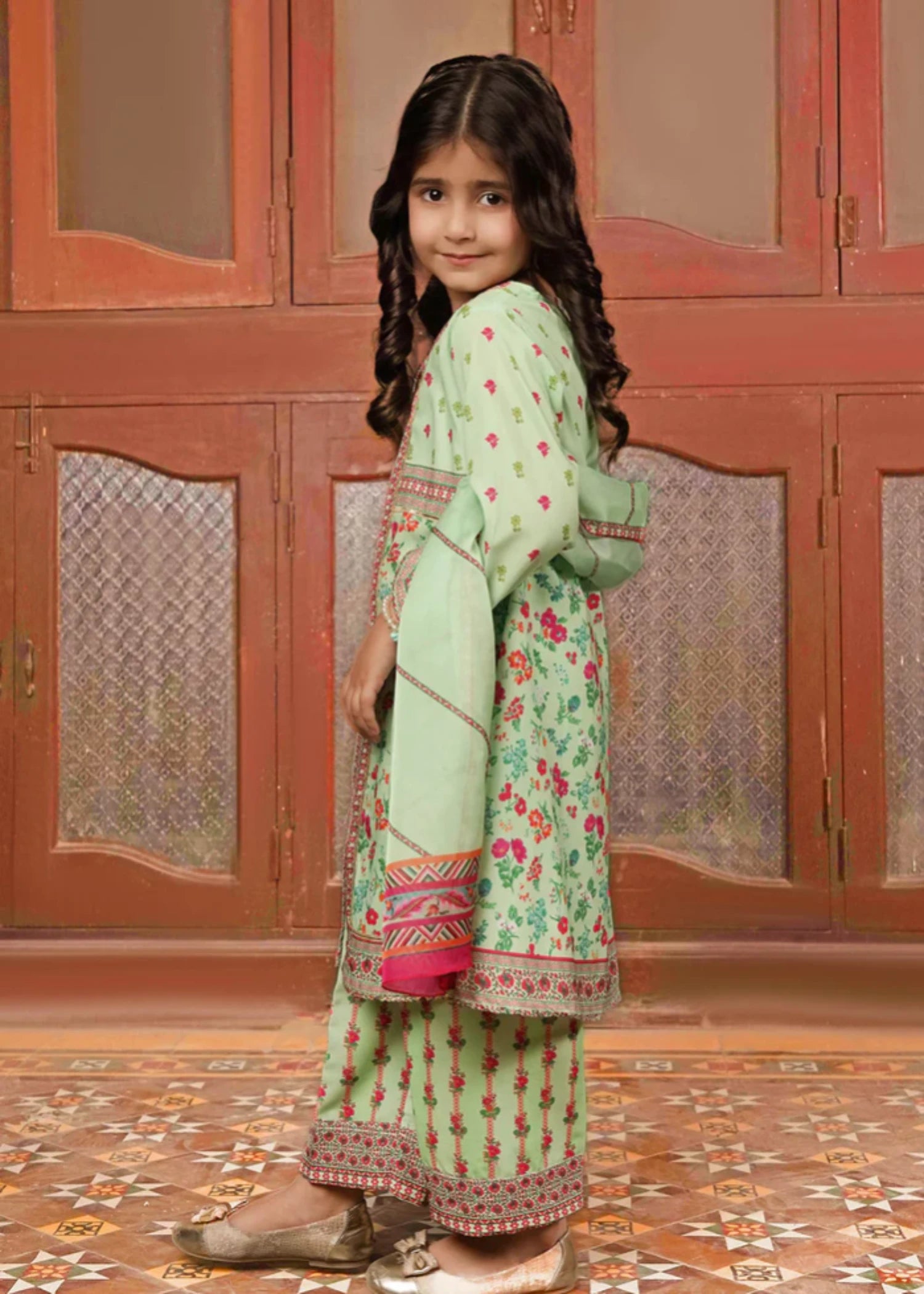 poly lawn Short Frock in Tea green