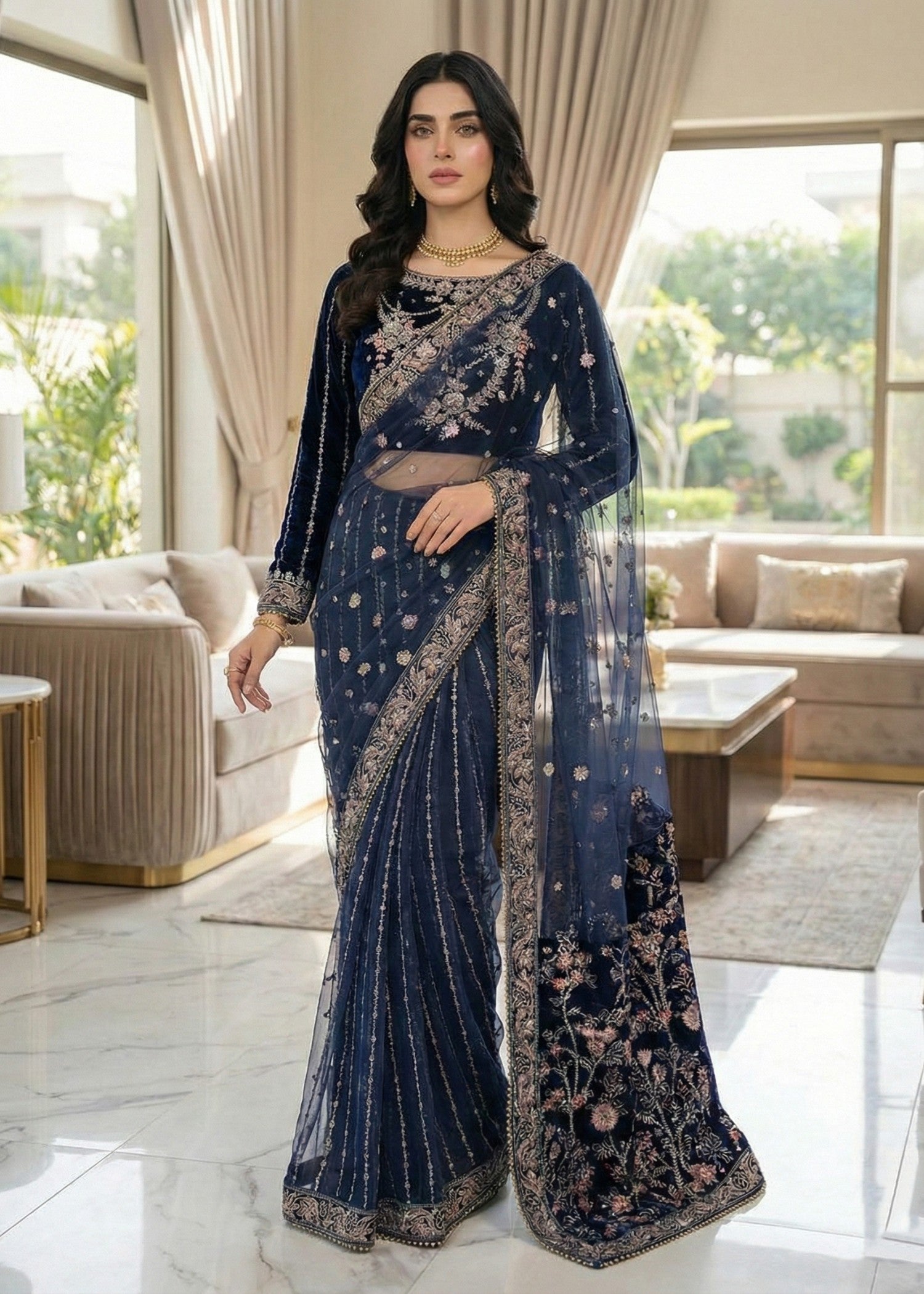 velvet Saree in Blue