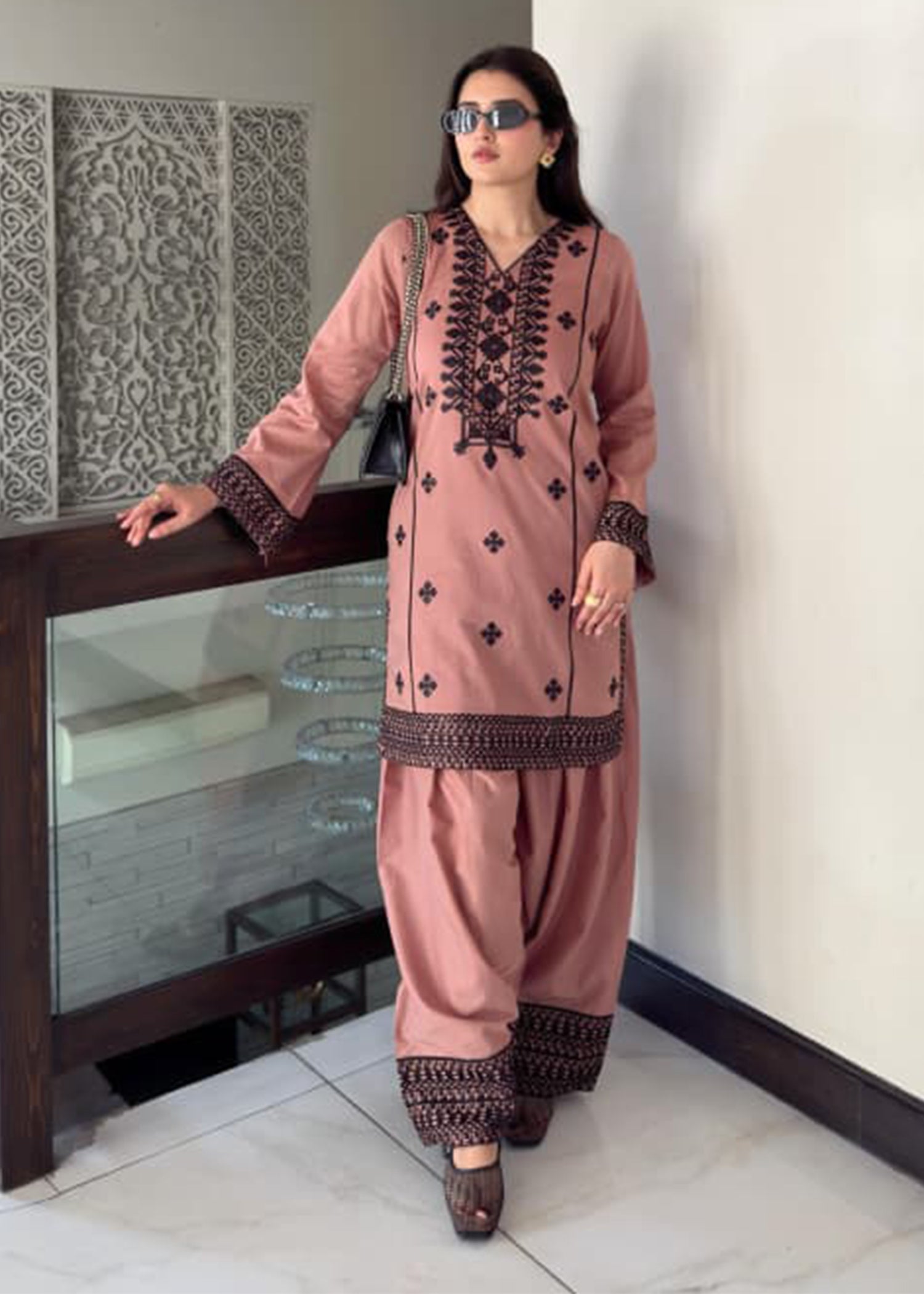 cotton Kurta Set in Brown