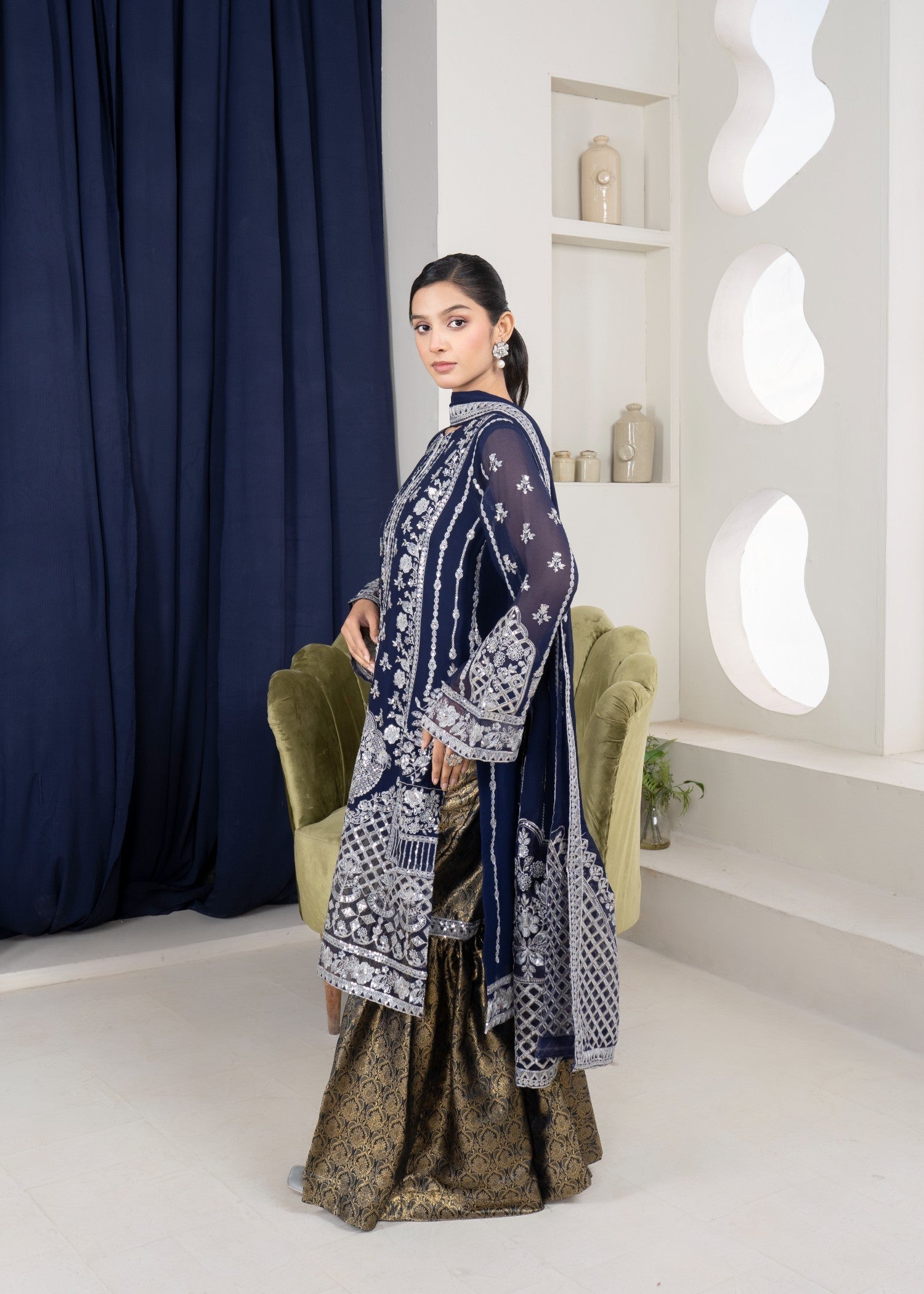 chiffon Gharara in Navy blue