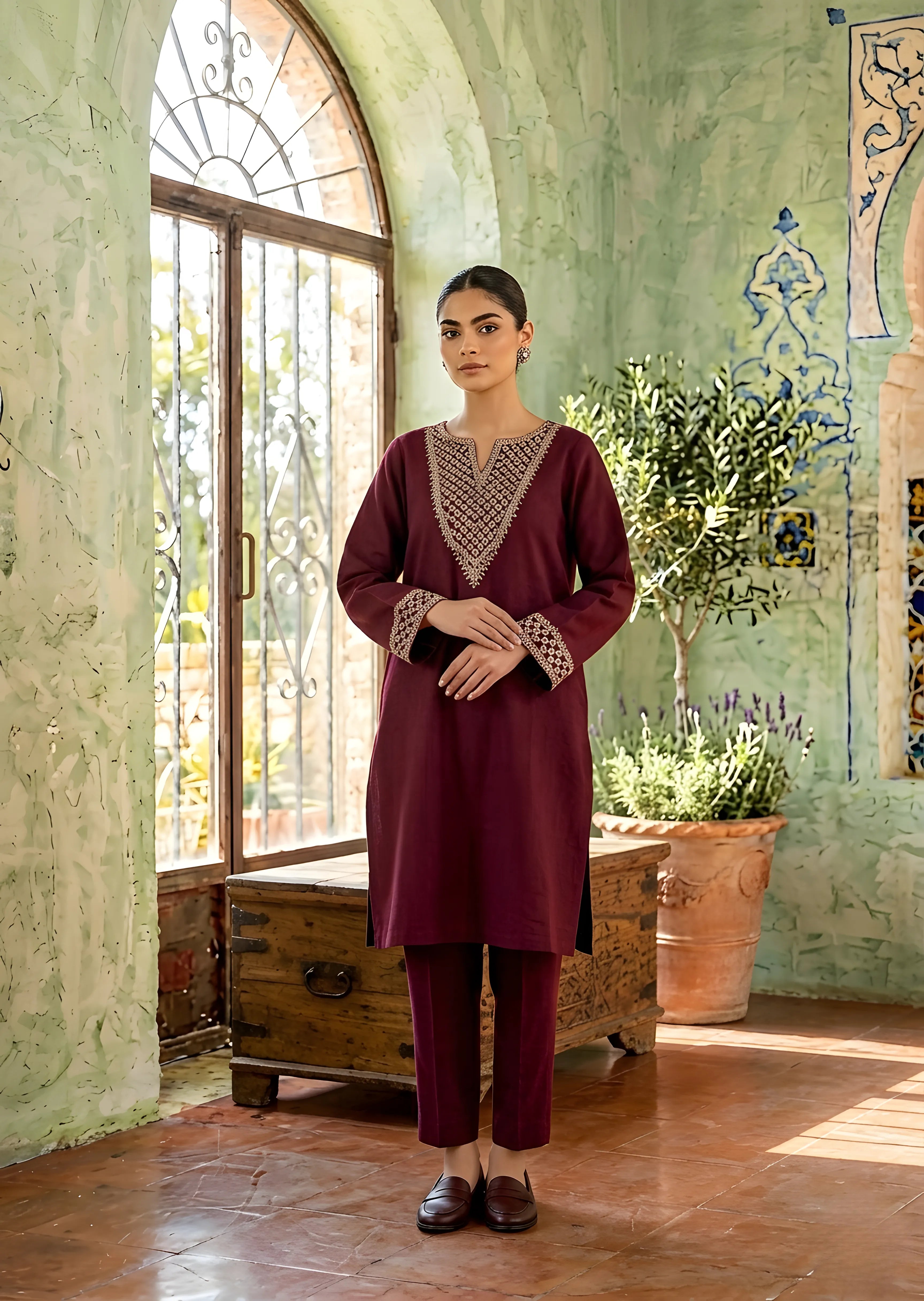 karandi Kurta Set in Maroon