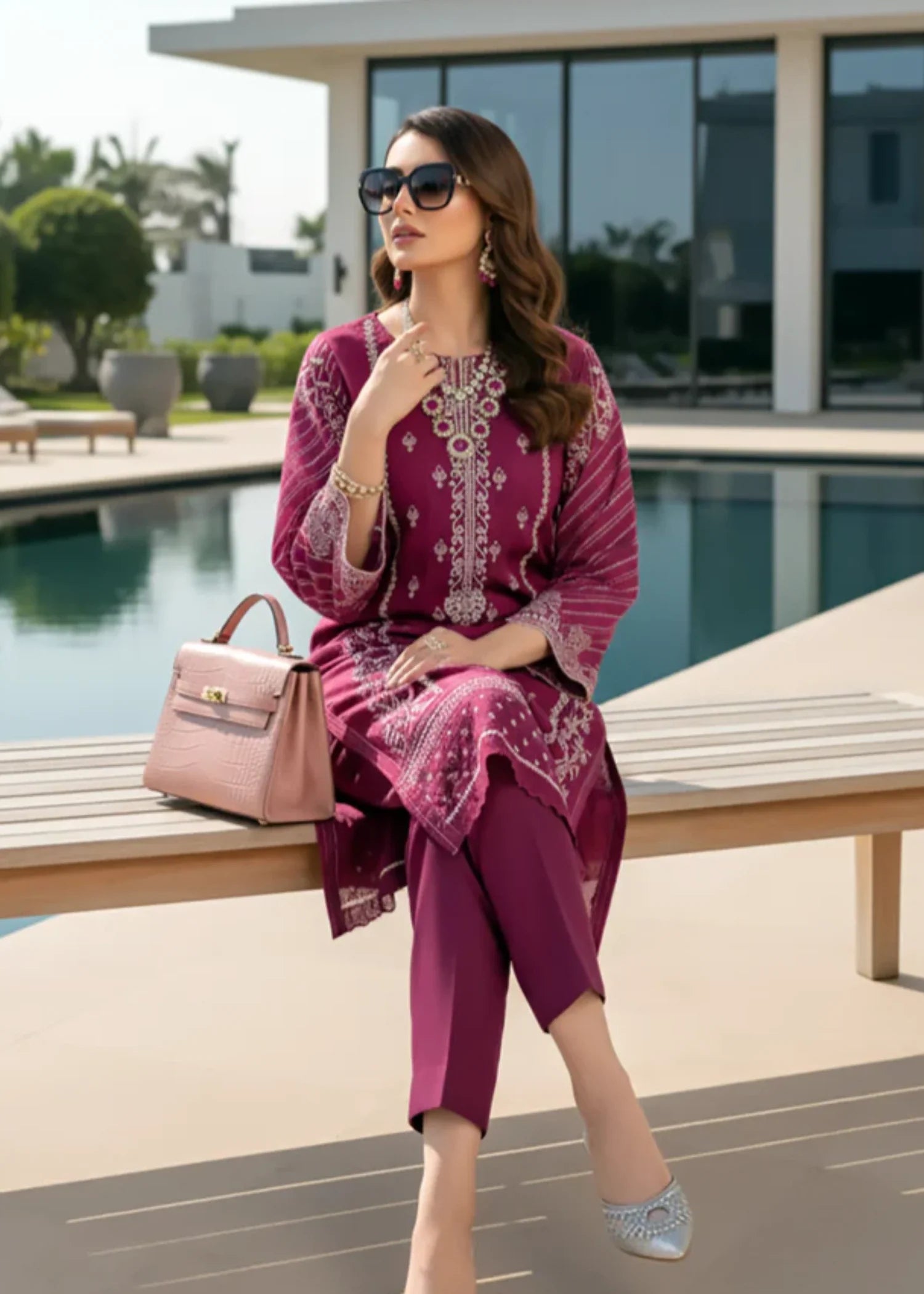 cotton net Kurta Set in Plum