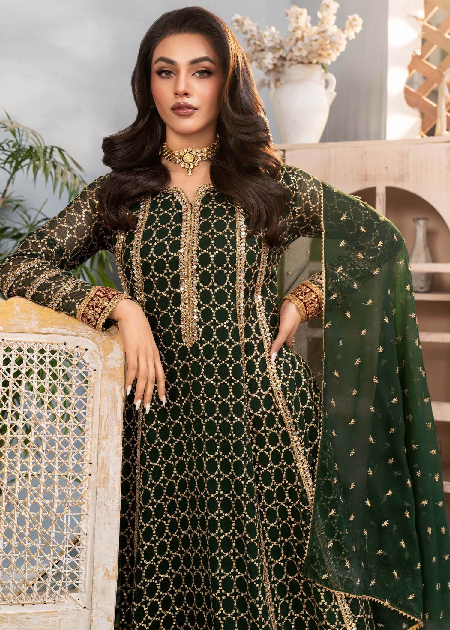 chiffon Anarkali in Bottle green