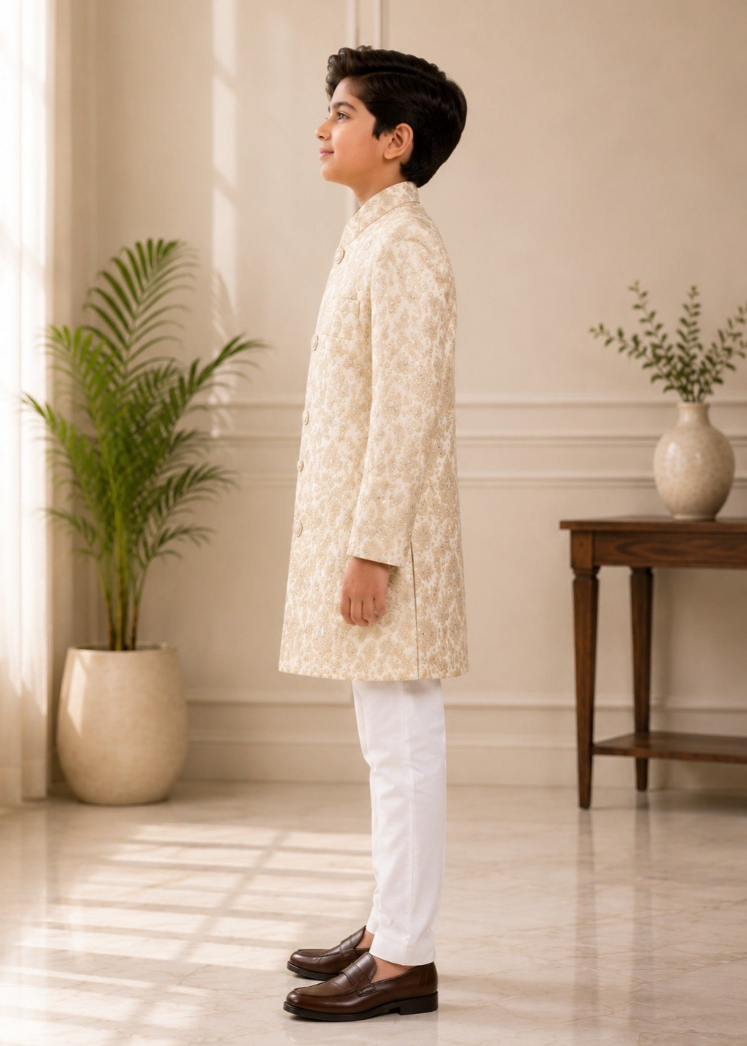 raw silk Sherwani in Cream, goldenrod