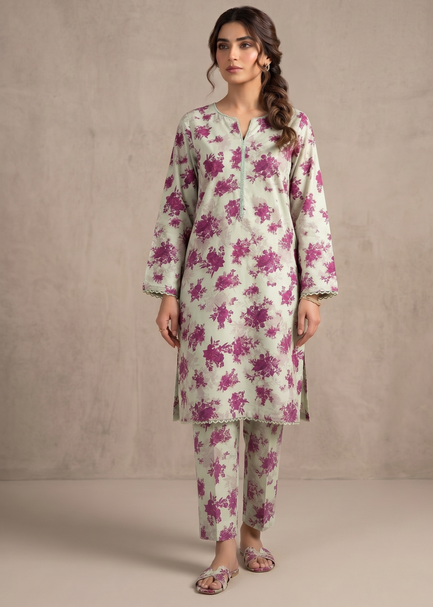 lawn Unstitched in Beige, magenta haze