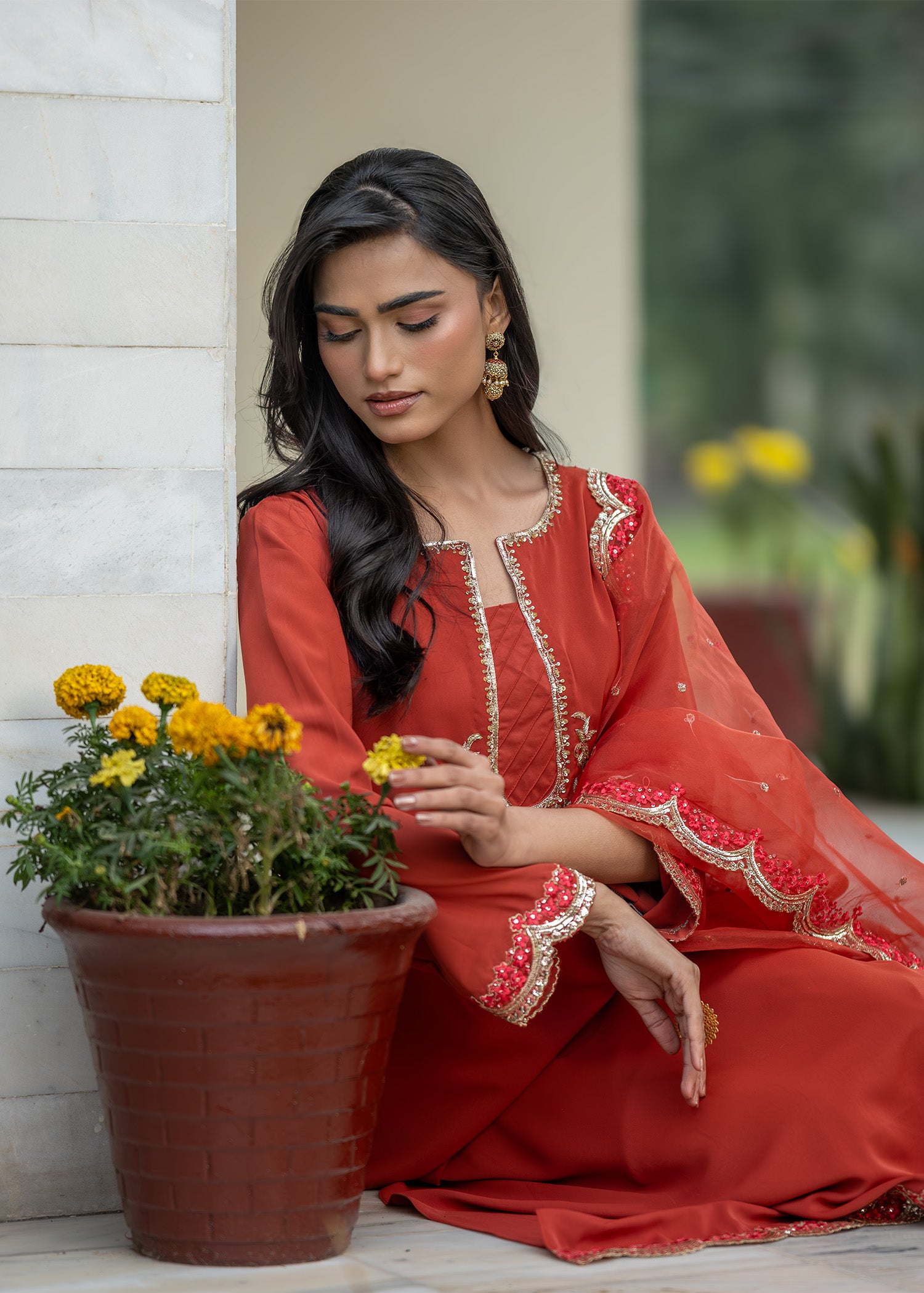 georgette Kurta Set in Rust orange
