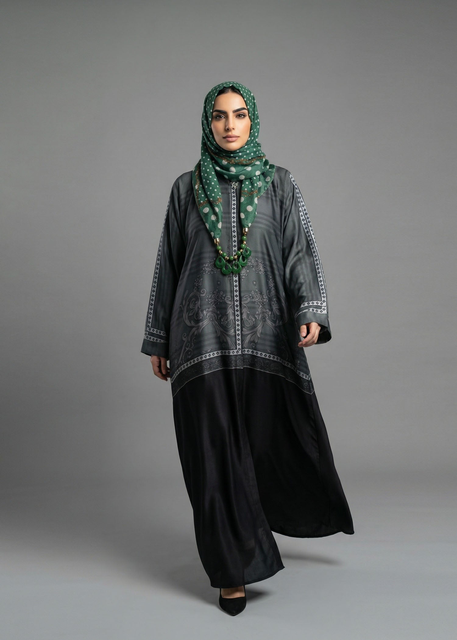 silk Abaya in Grey, black