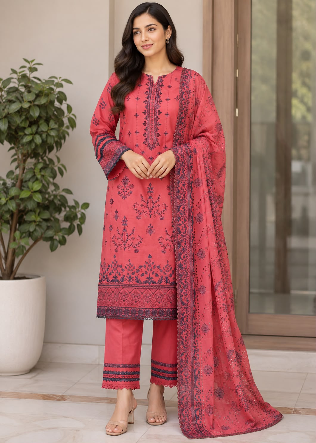 lawn Kurta Set in Watermelon pink