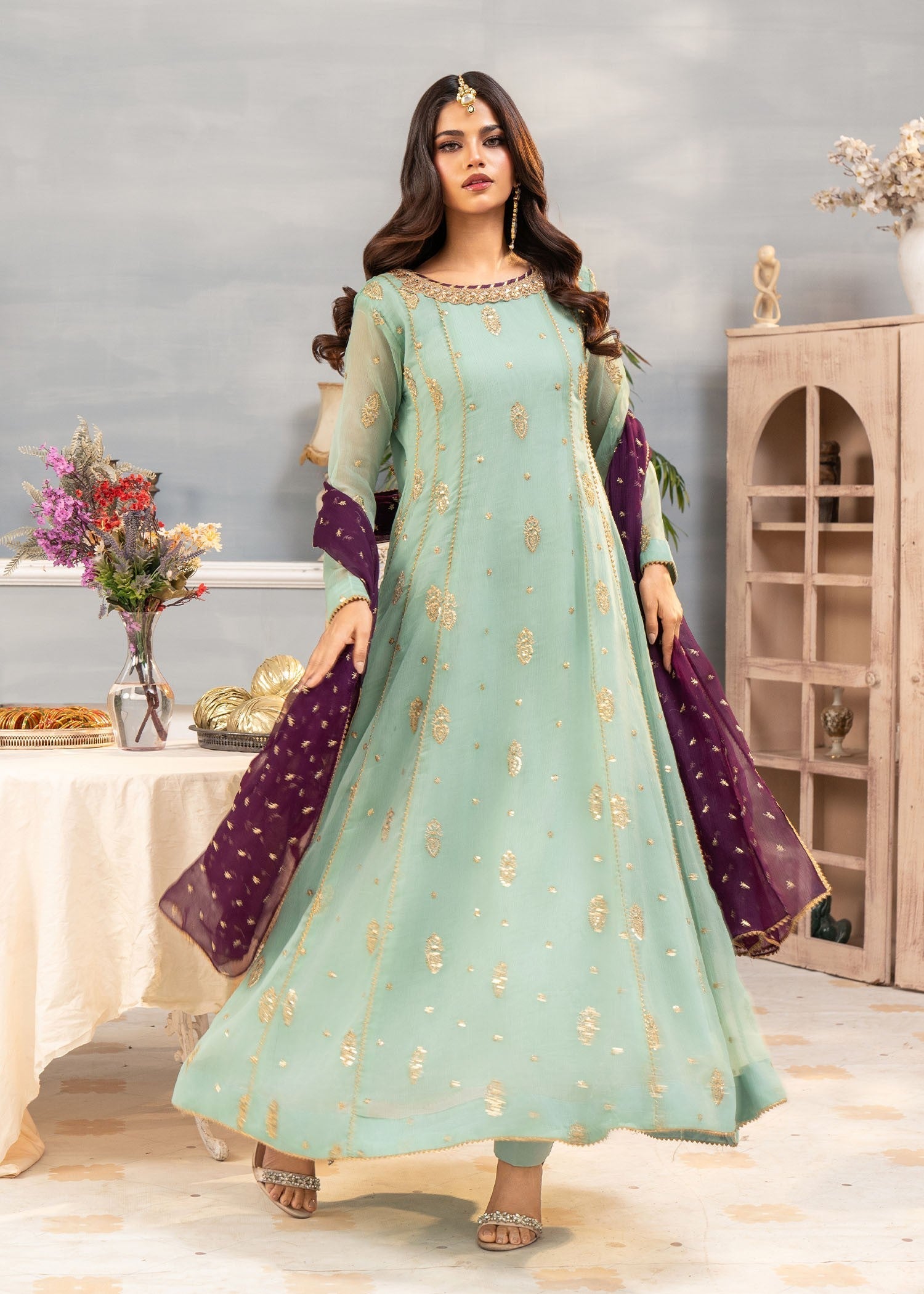 chiffon Anarkali in Pastel green
