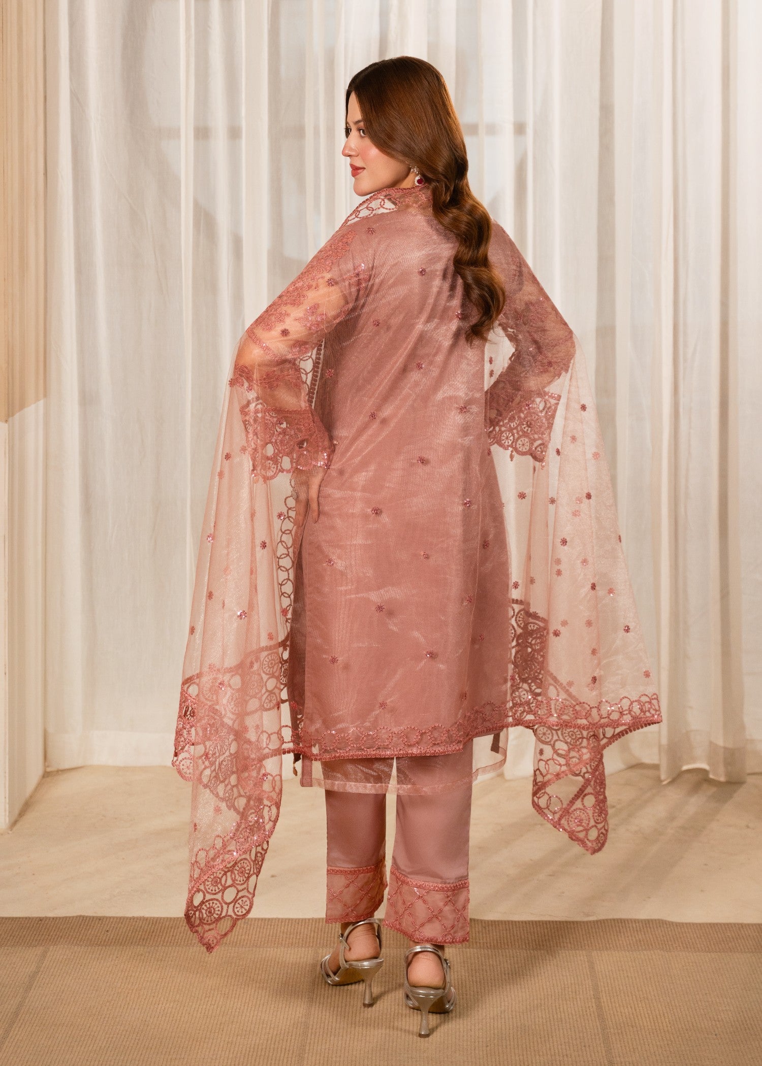 net Kurta Set in Lavender pink