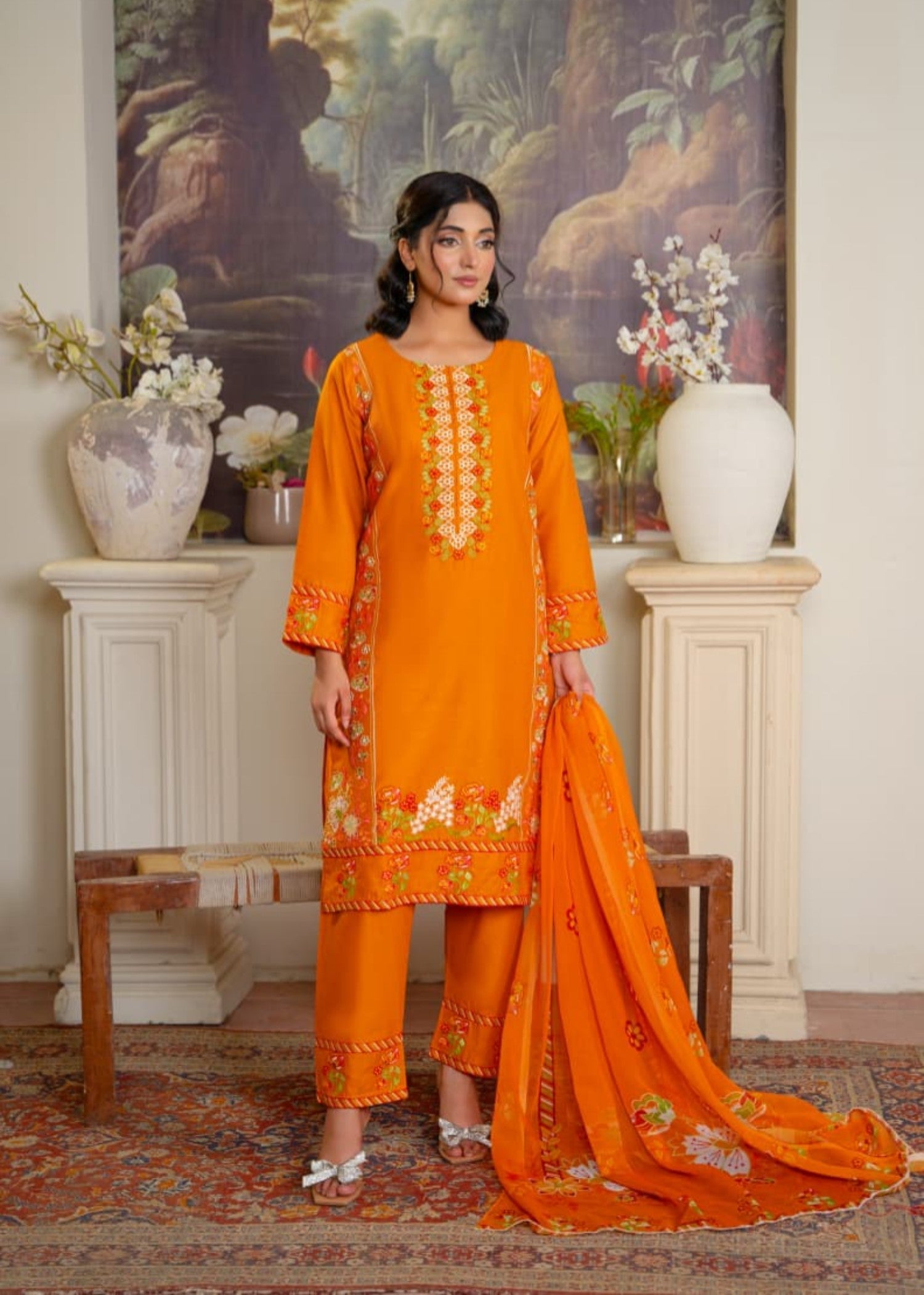 lawn cotton Kurta Set in Tiger orange