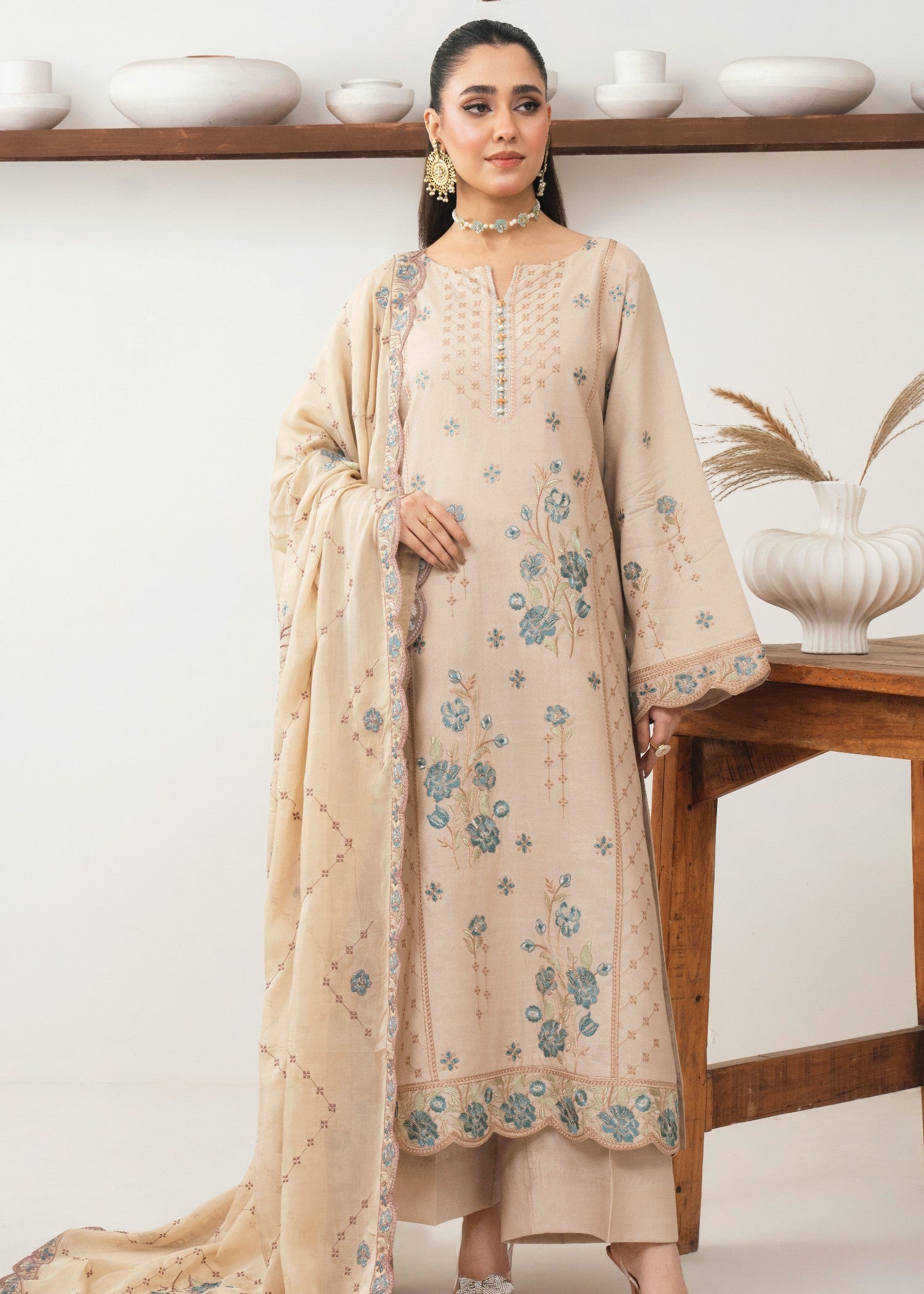 raw silk Kurta Set in Baby blue, khaki brown