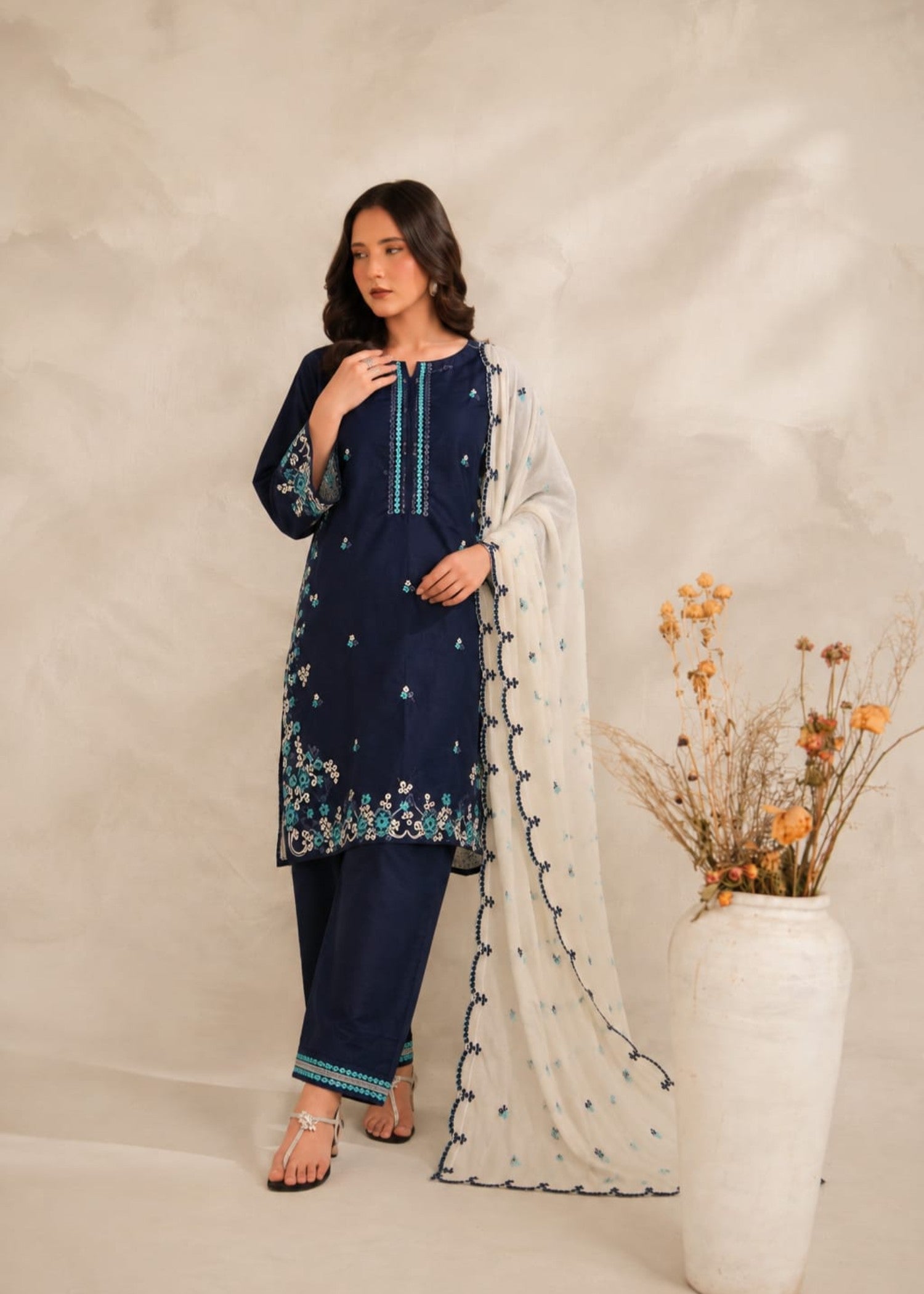 linen Kurta Set in Midnight blue