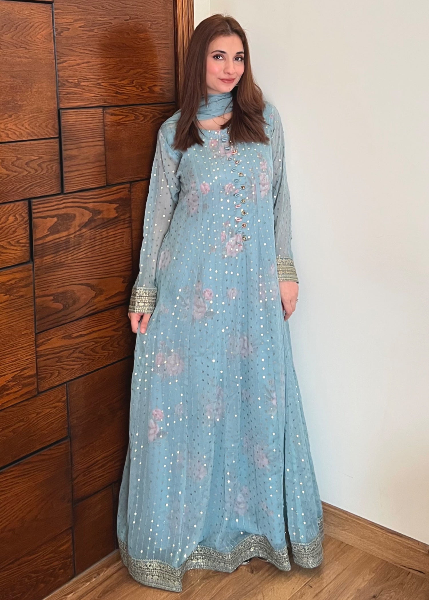 chiffon Pishwas in Ice blue