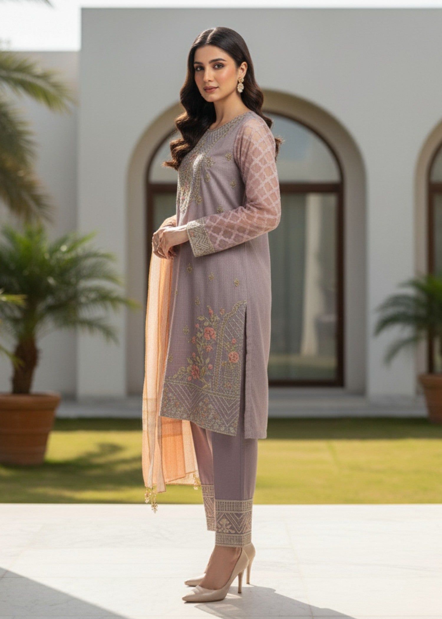 organza Kurta Set in Lavender grey