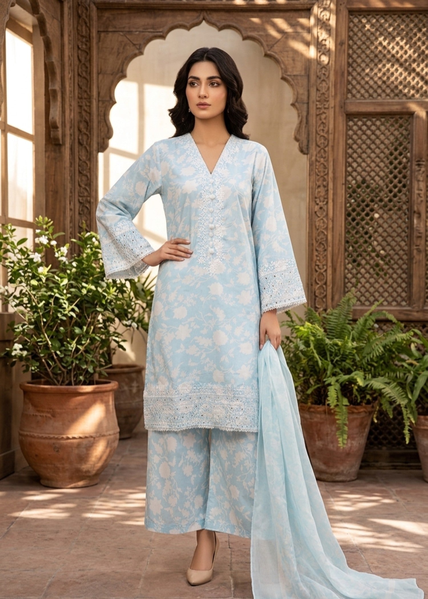 poly lawn Kurta Set in Sky