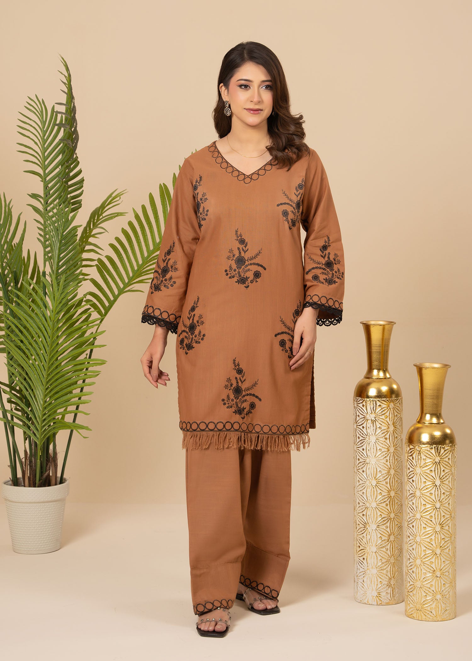 slub khaddar Kurta Set in Camel brown