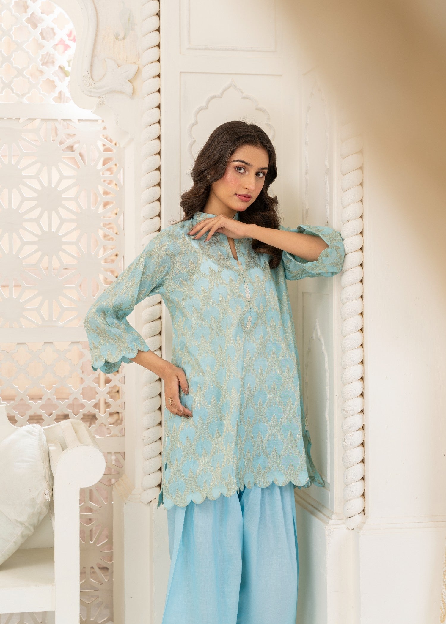 jacquard Kurta Set in Sky blue