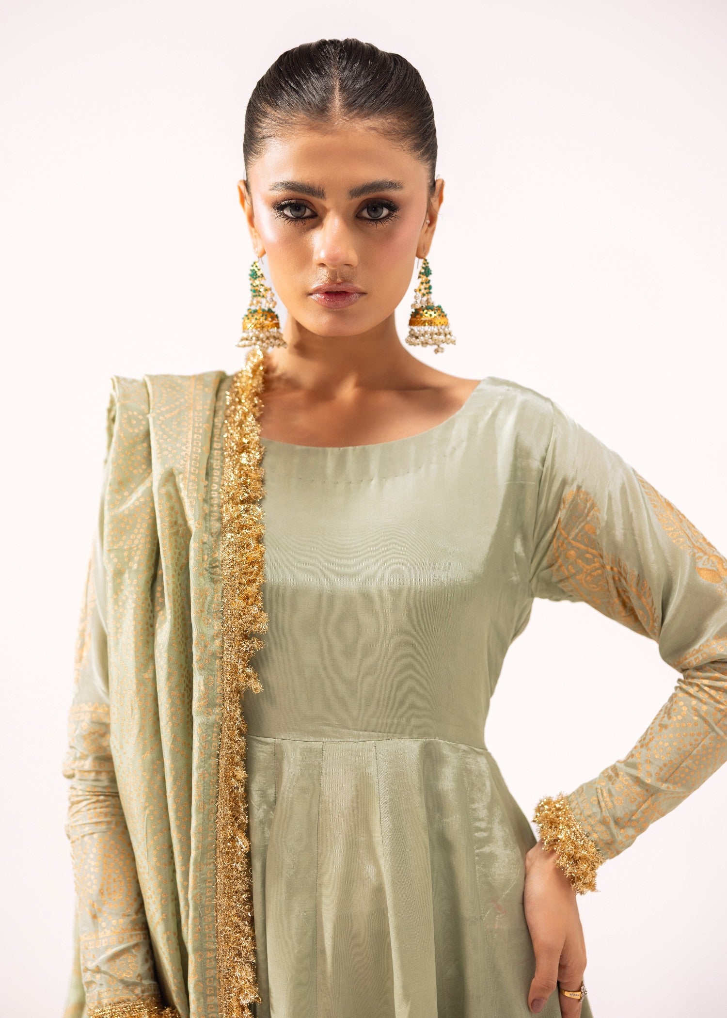 korean raw silk Pishwas in Pistachio green