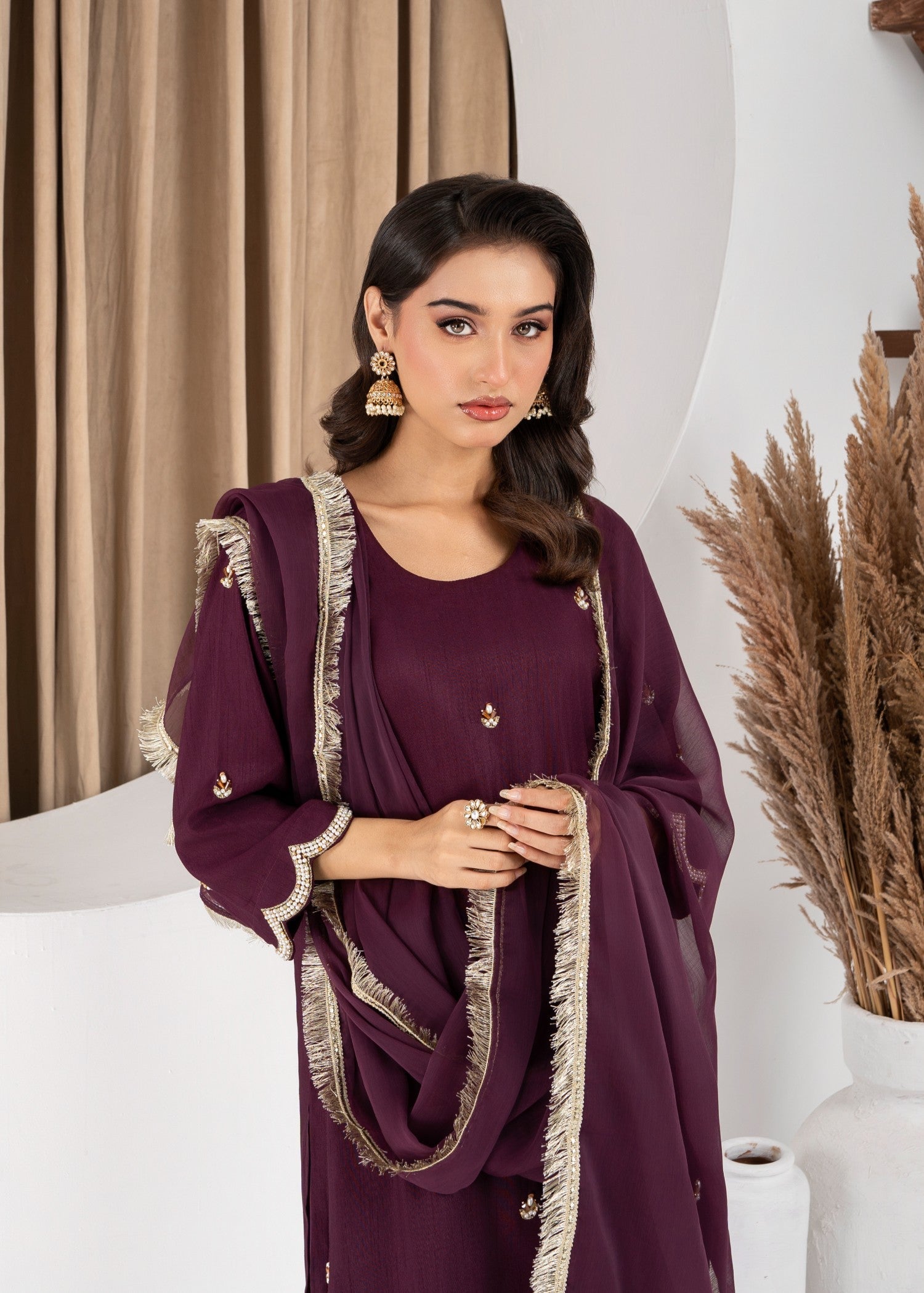 raw silk Kurta Set in Deep purple