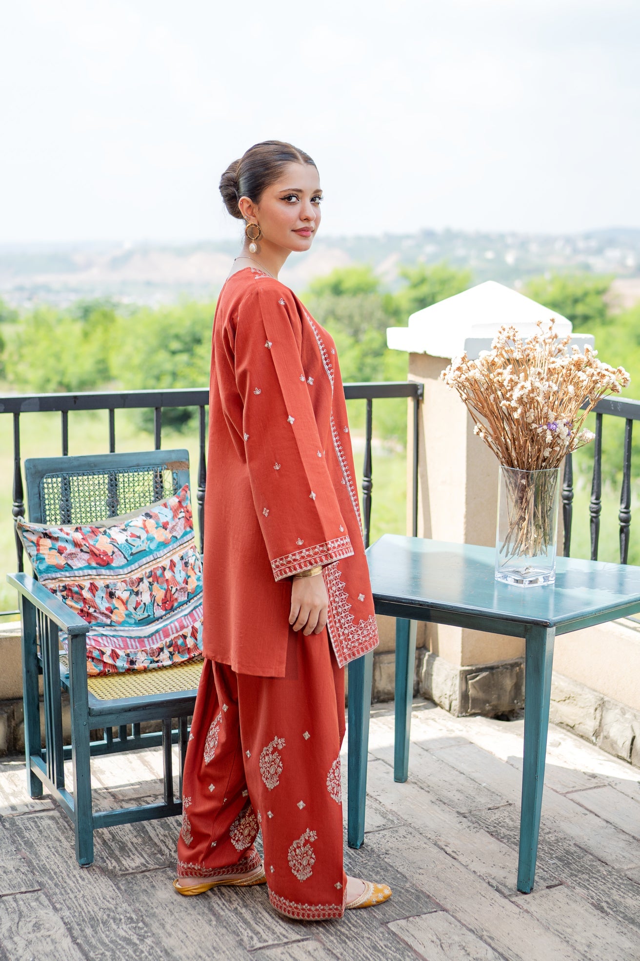 slub khaddar Kurta Set in Rust orange