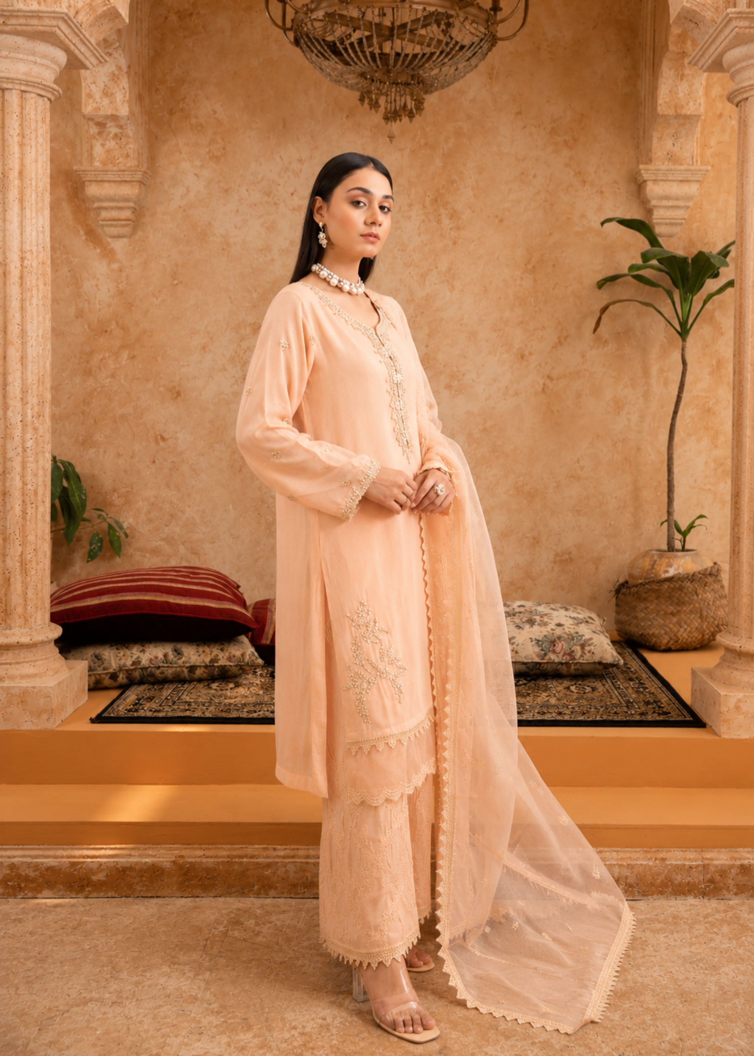 raw silk Kurta Set in Peach orange