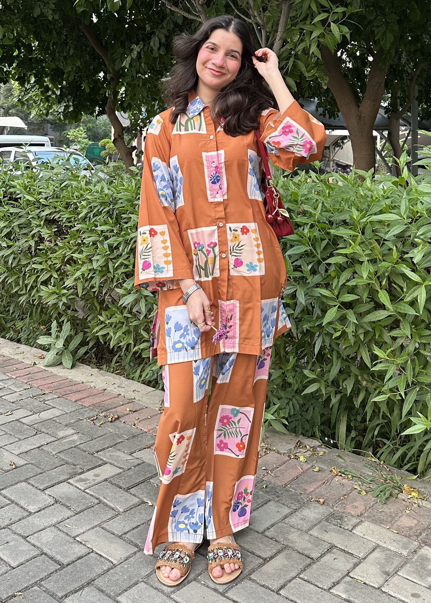 crepe Co ord Sets in Bronze orange