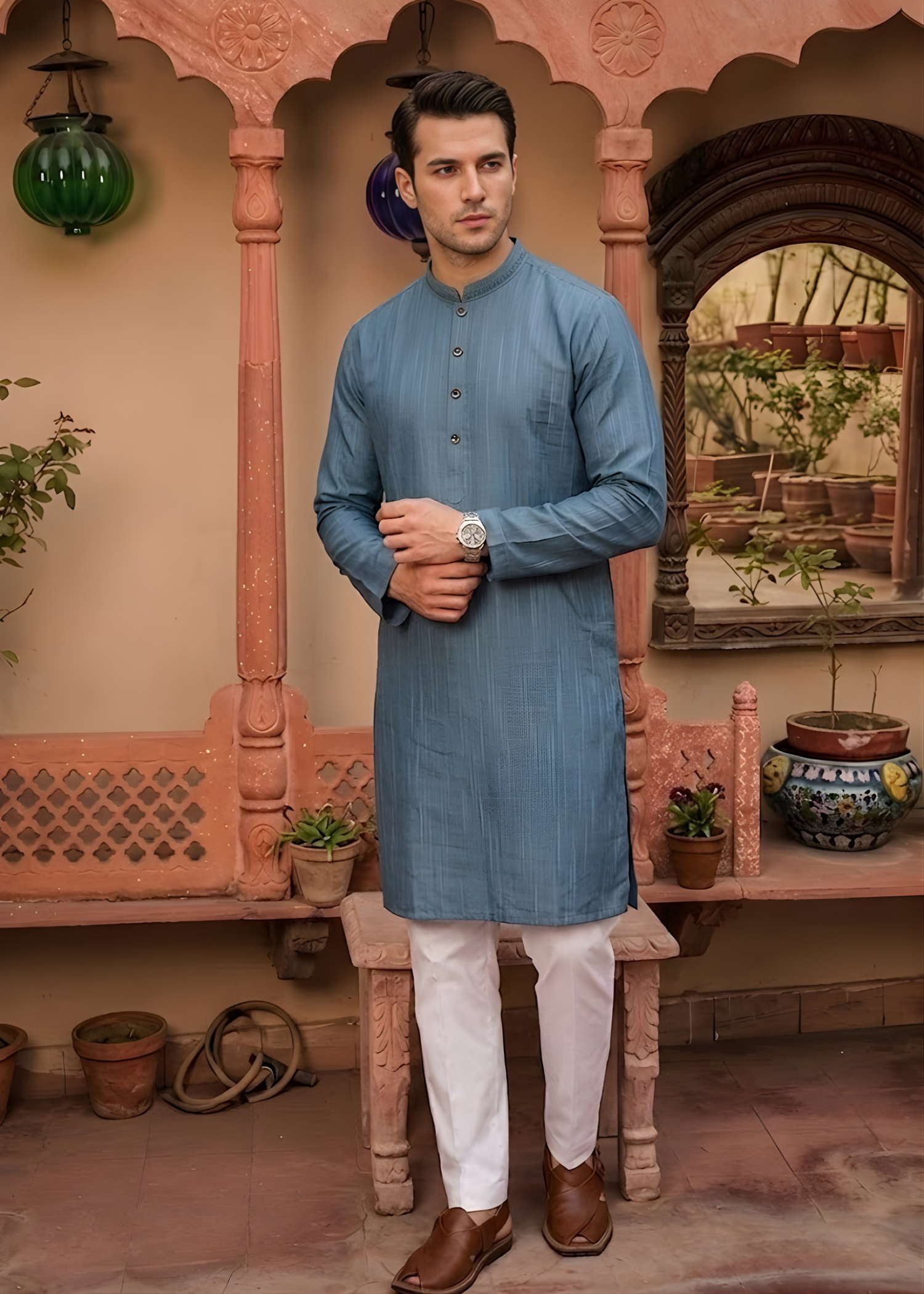 wash & wear Kurta in Carolina blue