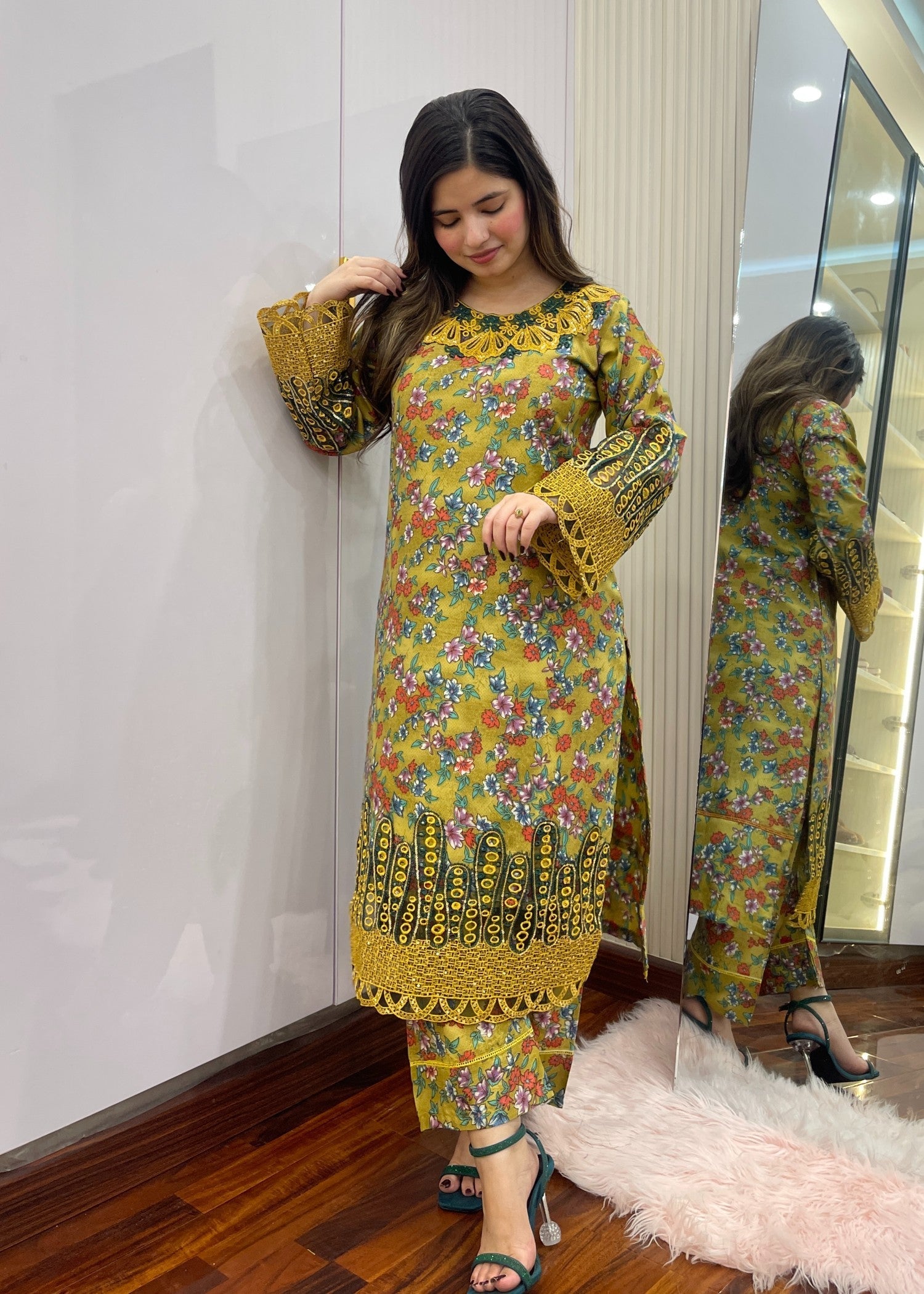 cambric Kurta Set in Yellow green