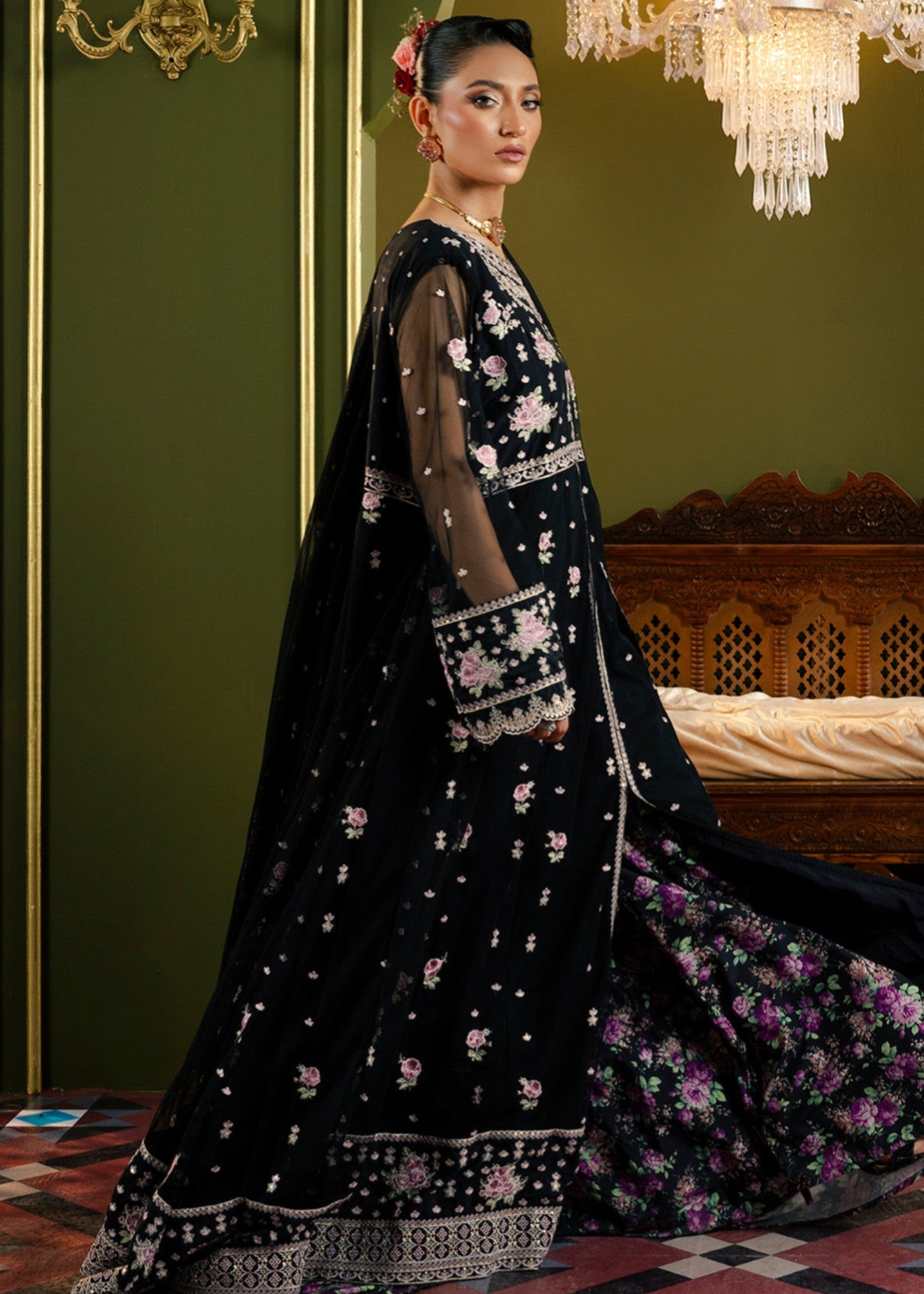 organza Pishwas in Black