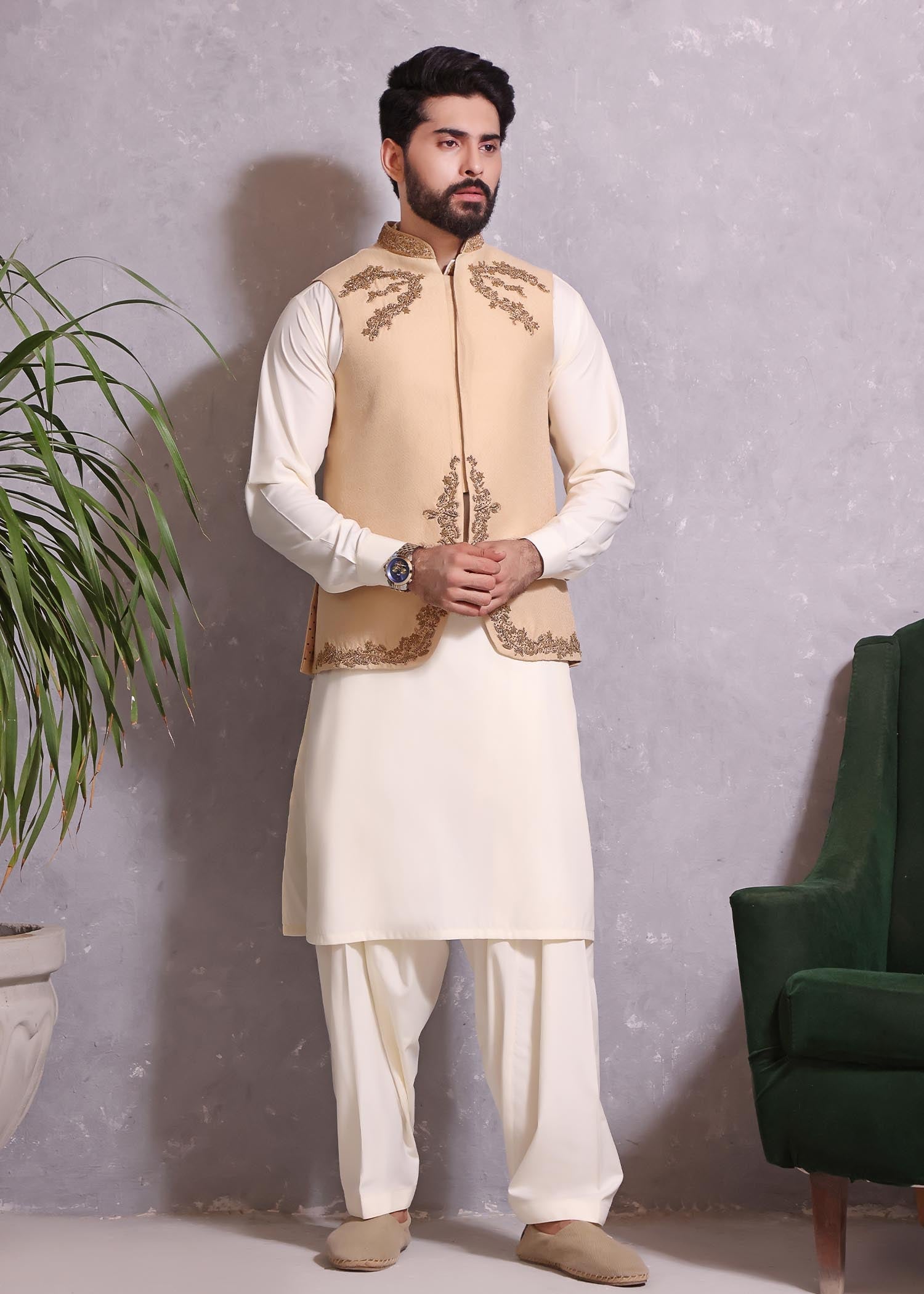 jamawar Waistcoat in Gold