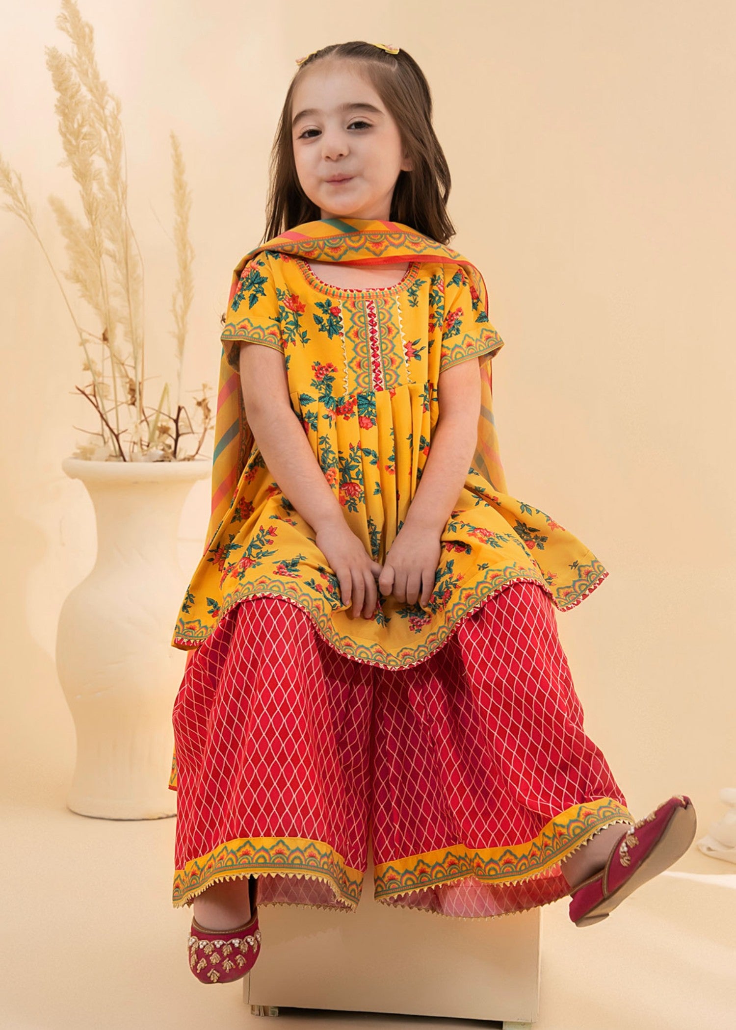 poly lawn Gharara in Mustard