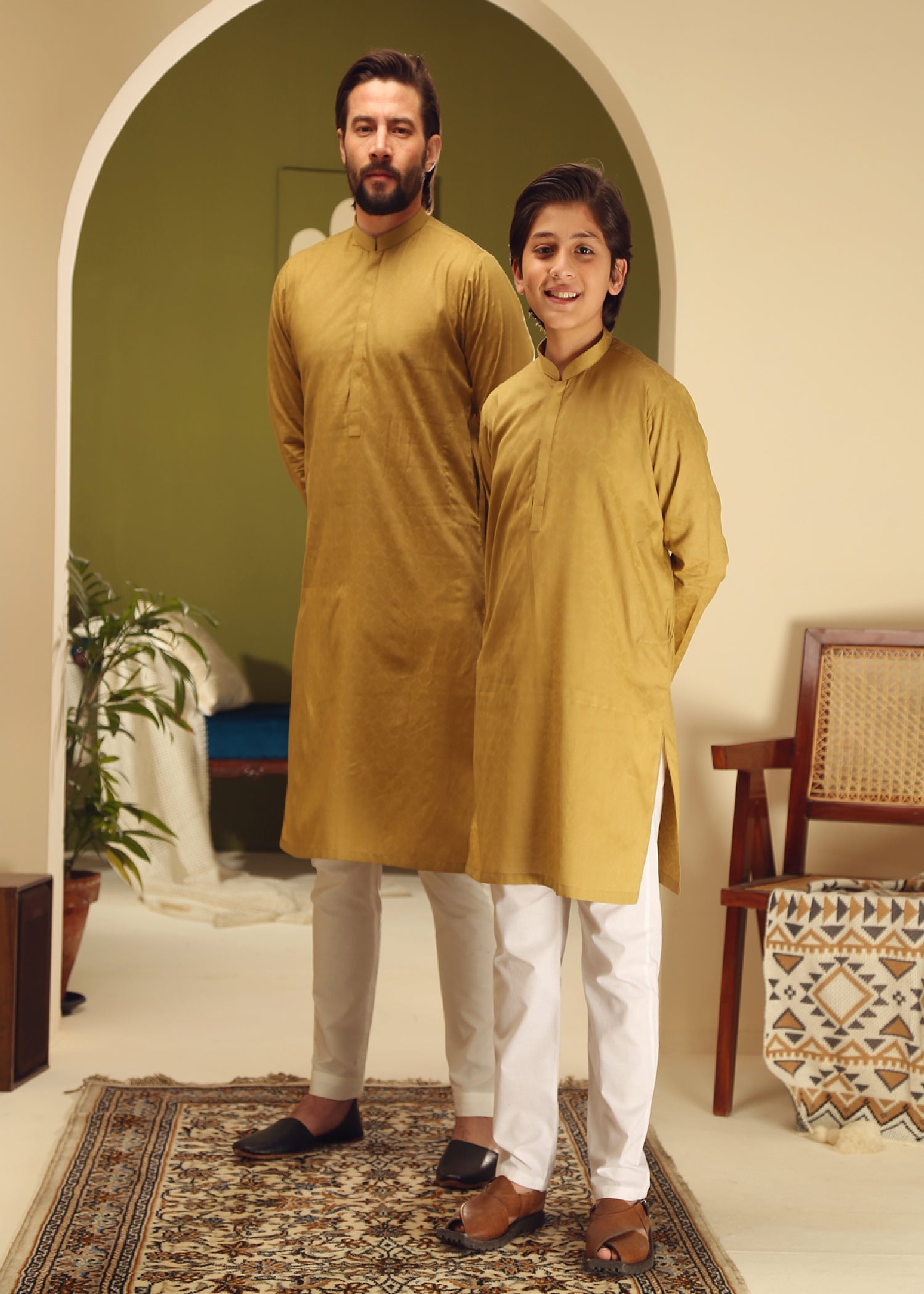 self jacquard Kurta in Mustard