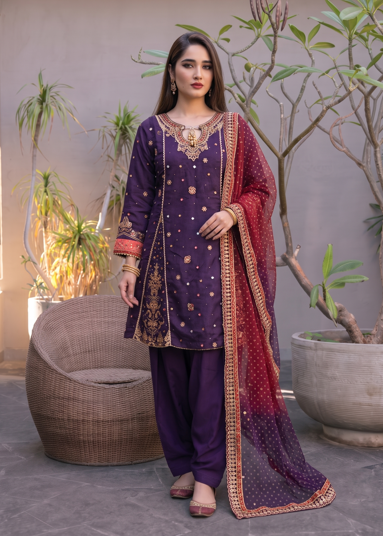 khaddi net Short Frock in Plum