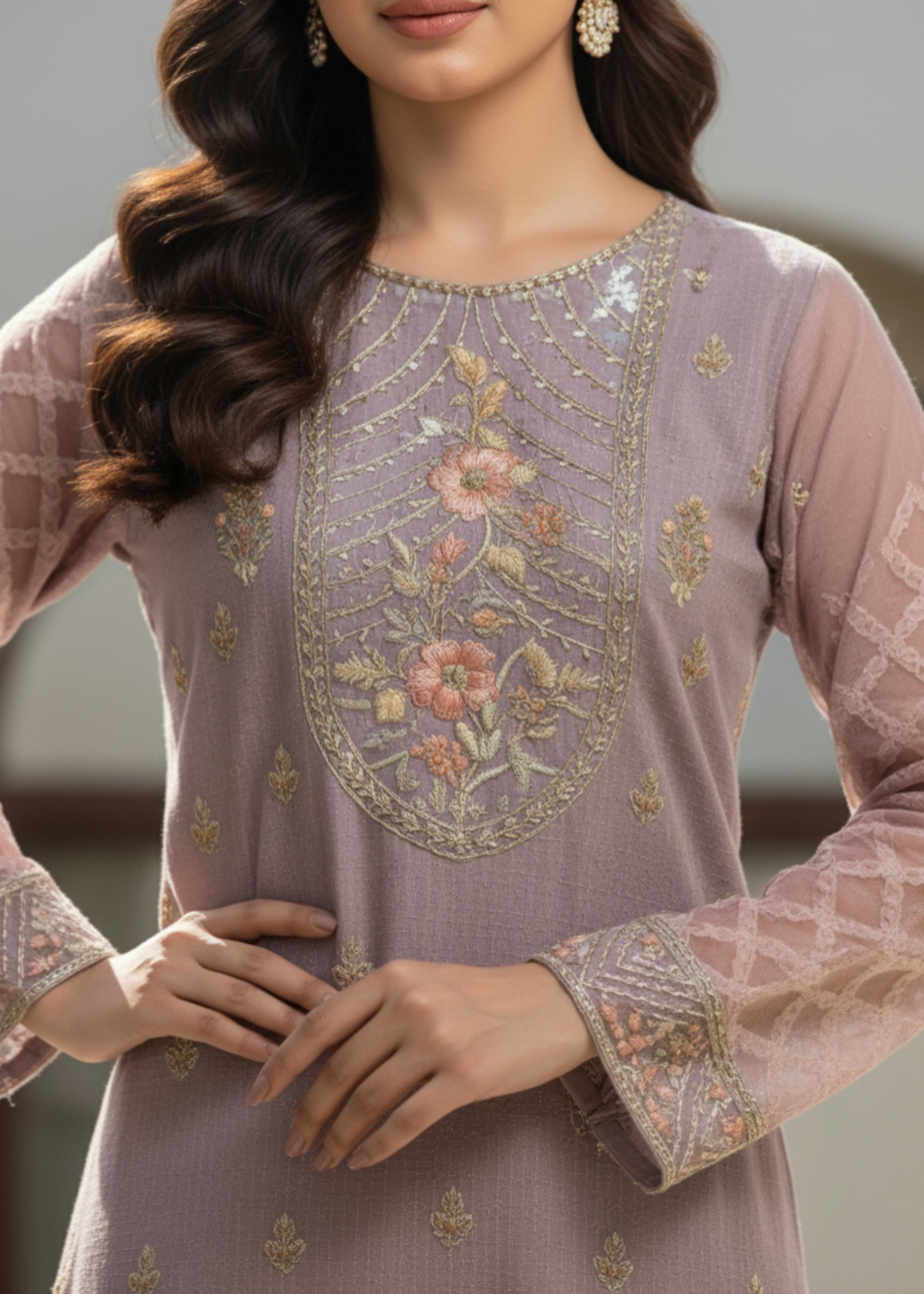 organza Kurta Set in Lavender grey