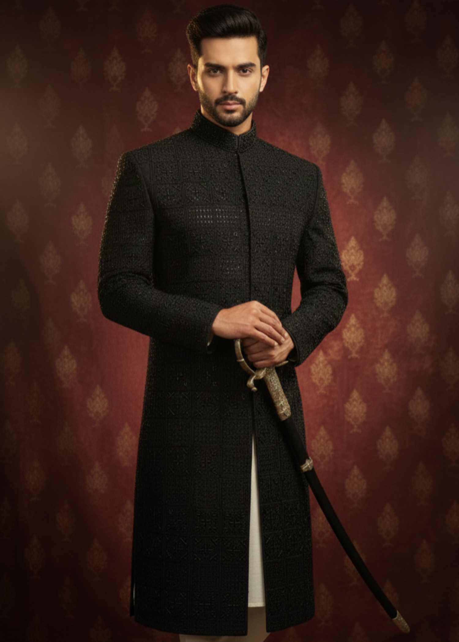 silk Sherwani in Black, jet black